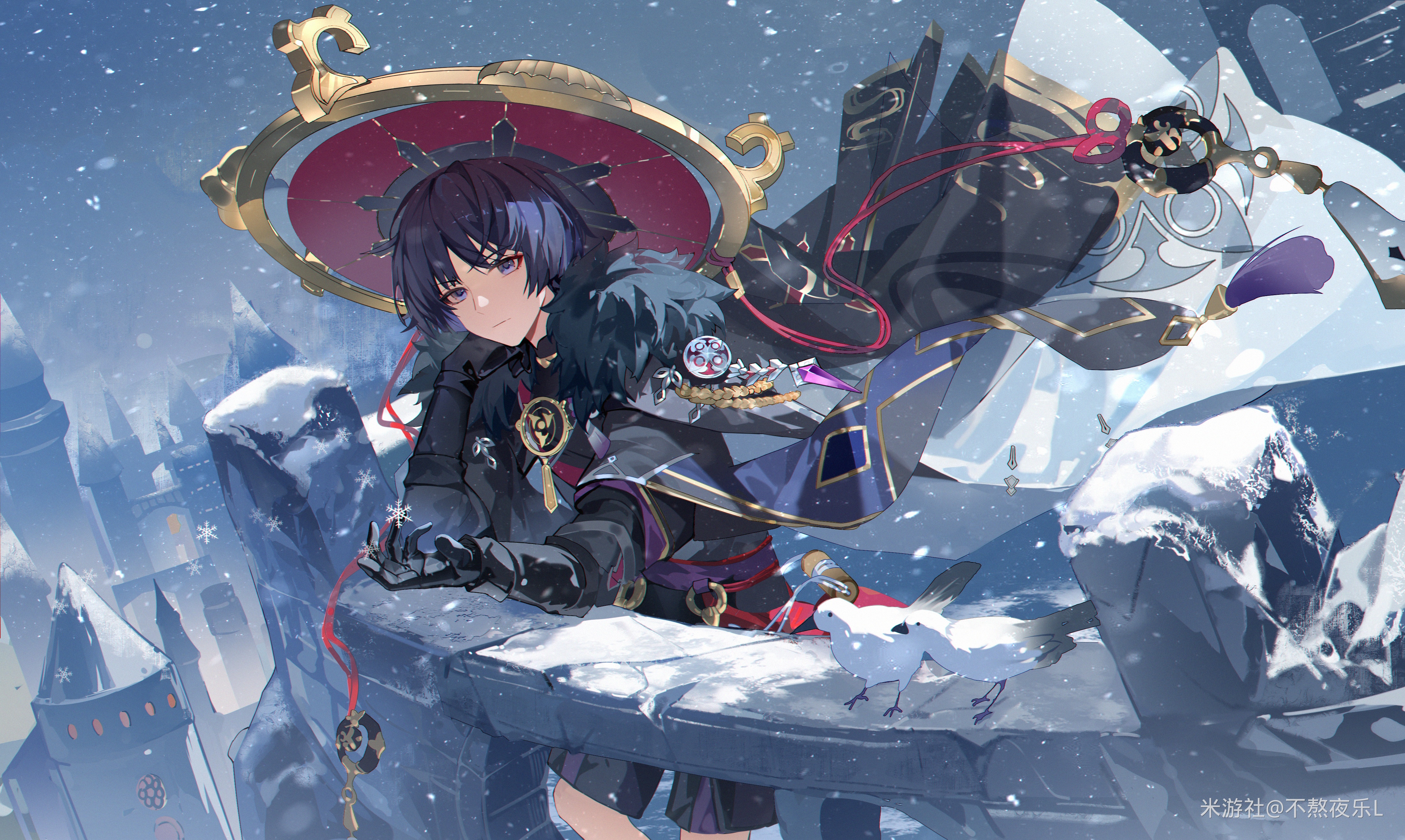 Genshin Impact Wanderer in a snowy landscape with birds HD Wallpaper