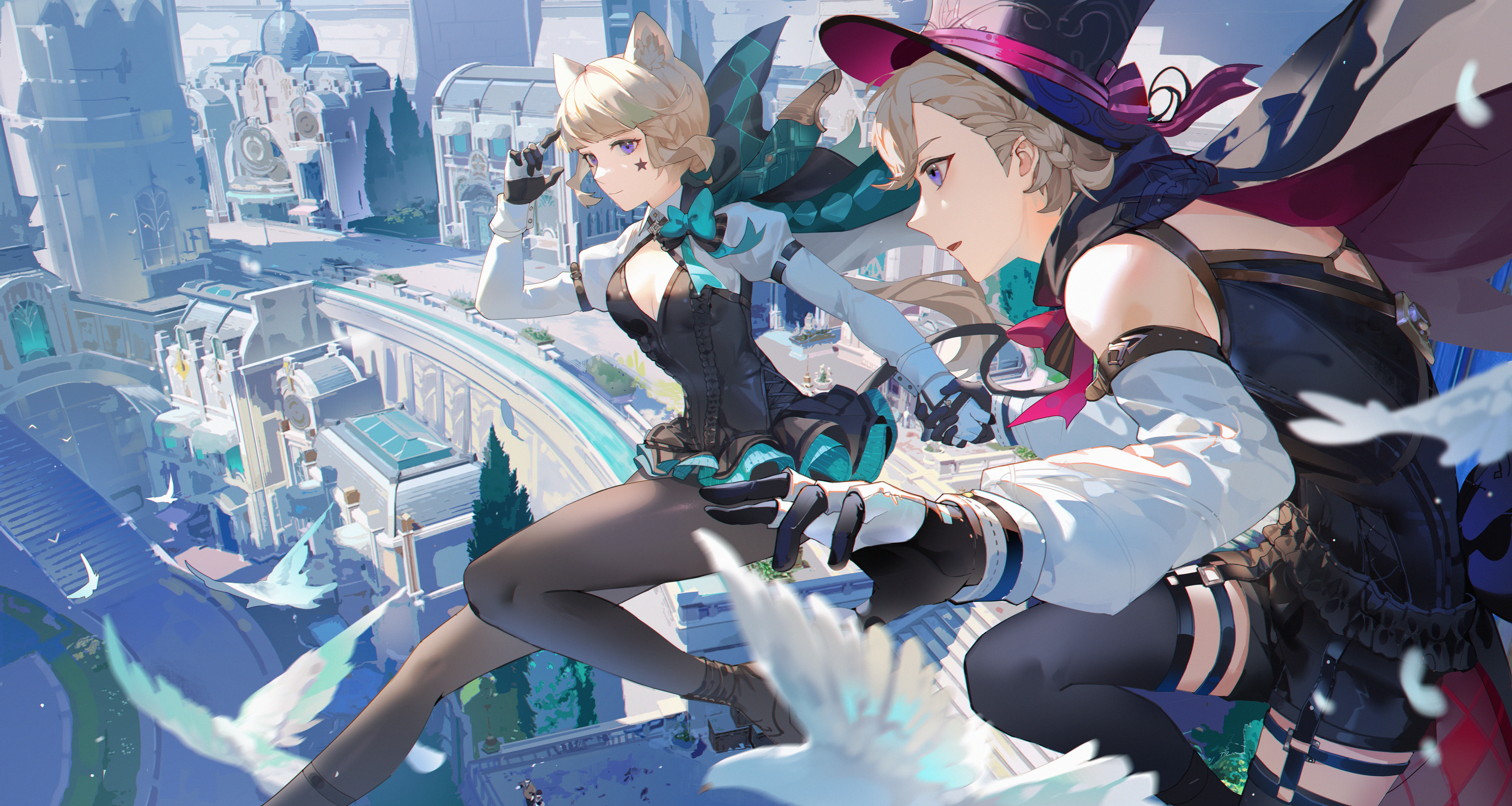Genshin Impact: Lyney and Lynette in a fantasy city HD Wallpaper