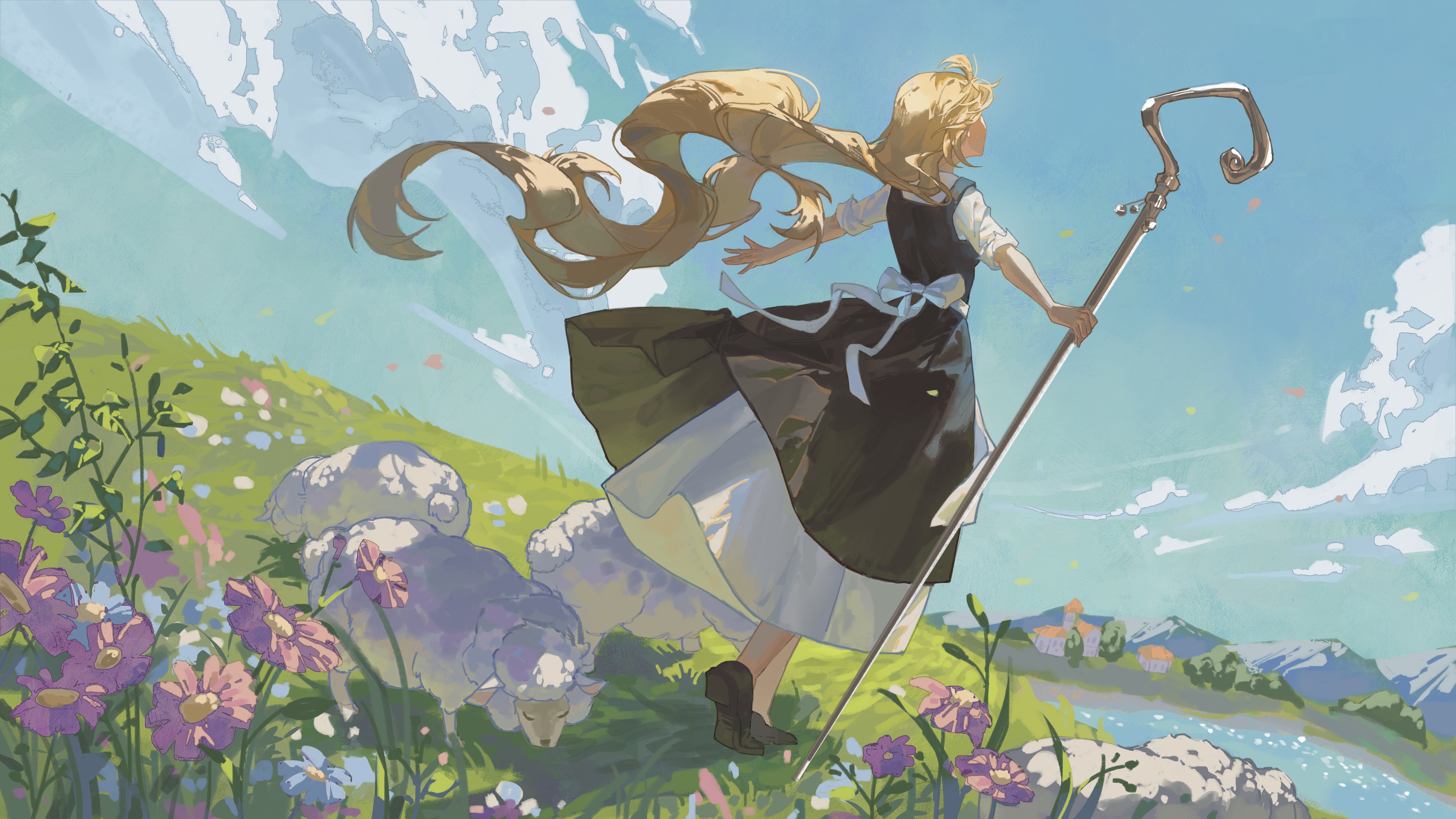 4K blonde girl with staff and sheep in a field HD Wallpaper
