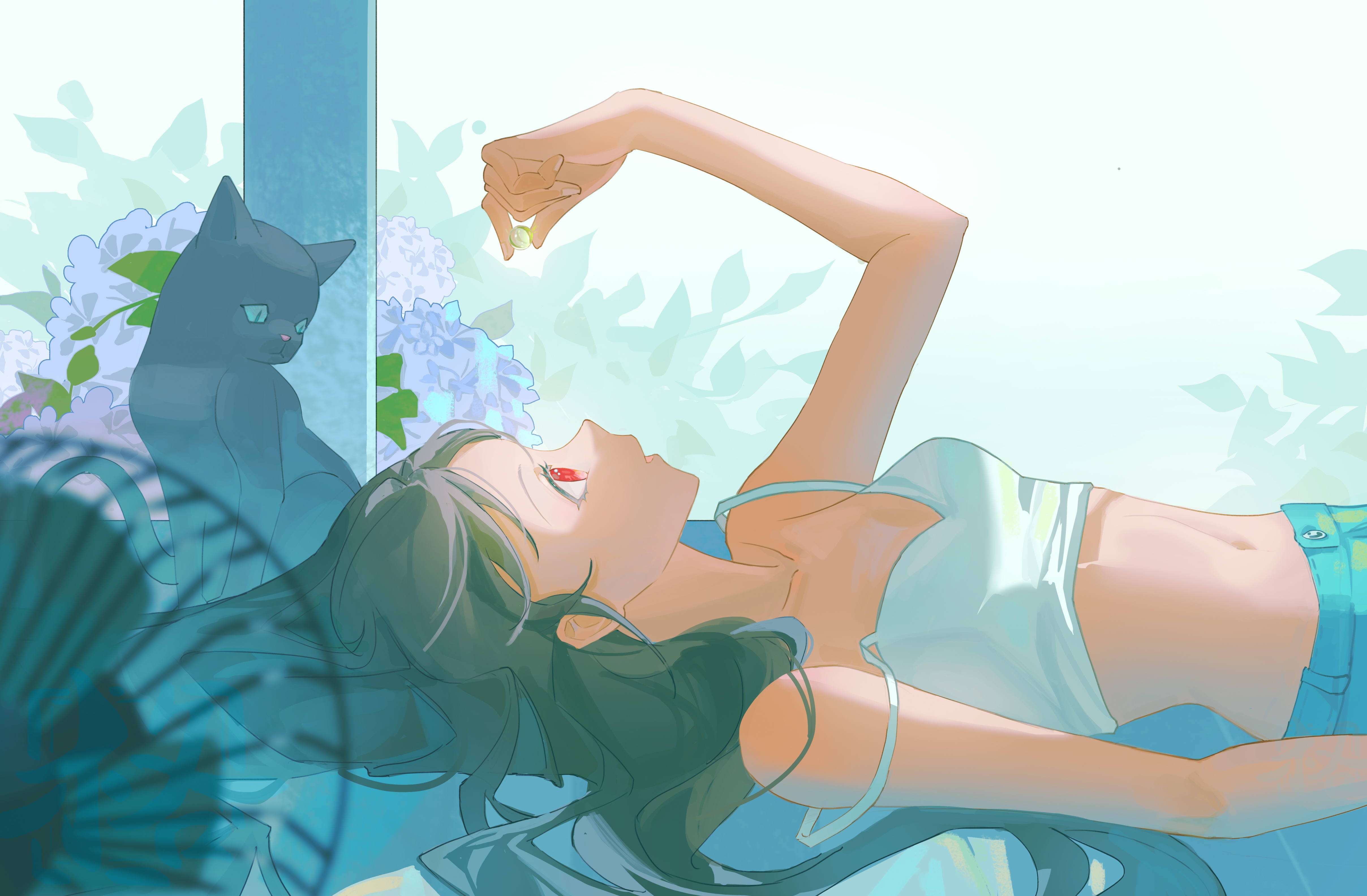 Girl with red eyes and black cat by flowers HD Wallpaper