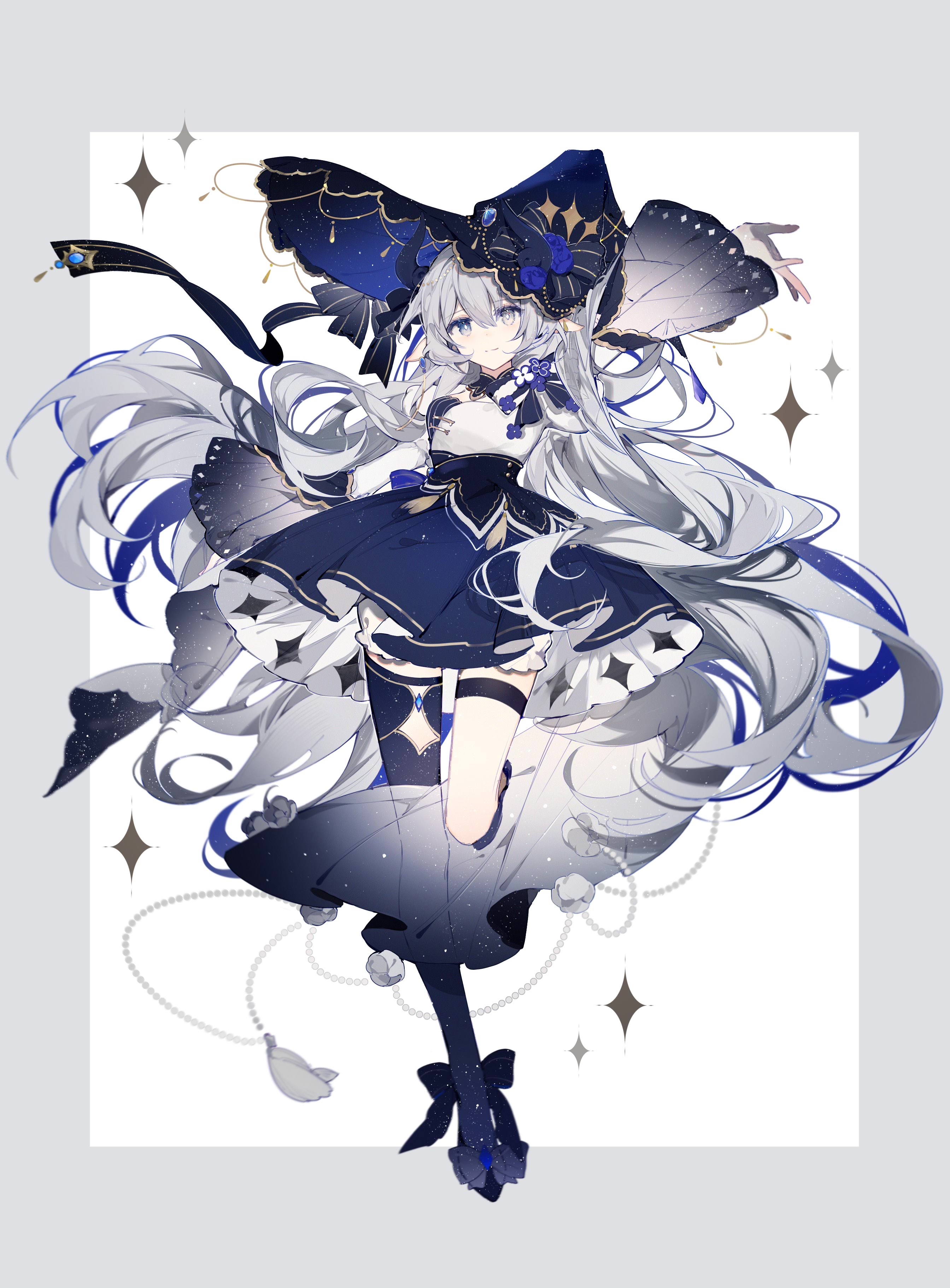 Anime girl with long white hair and witch hat HD Phone Wallpaper
