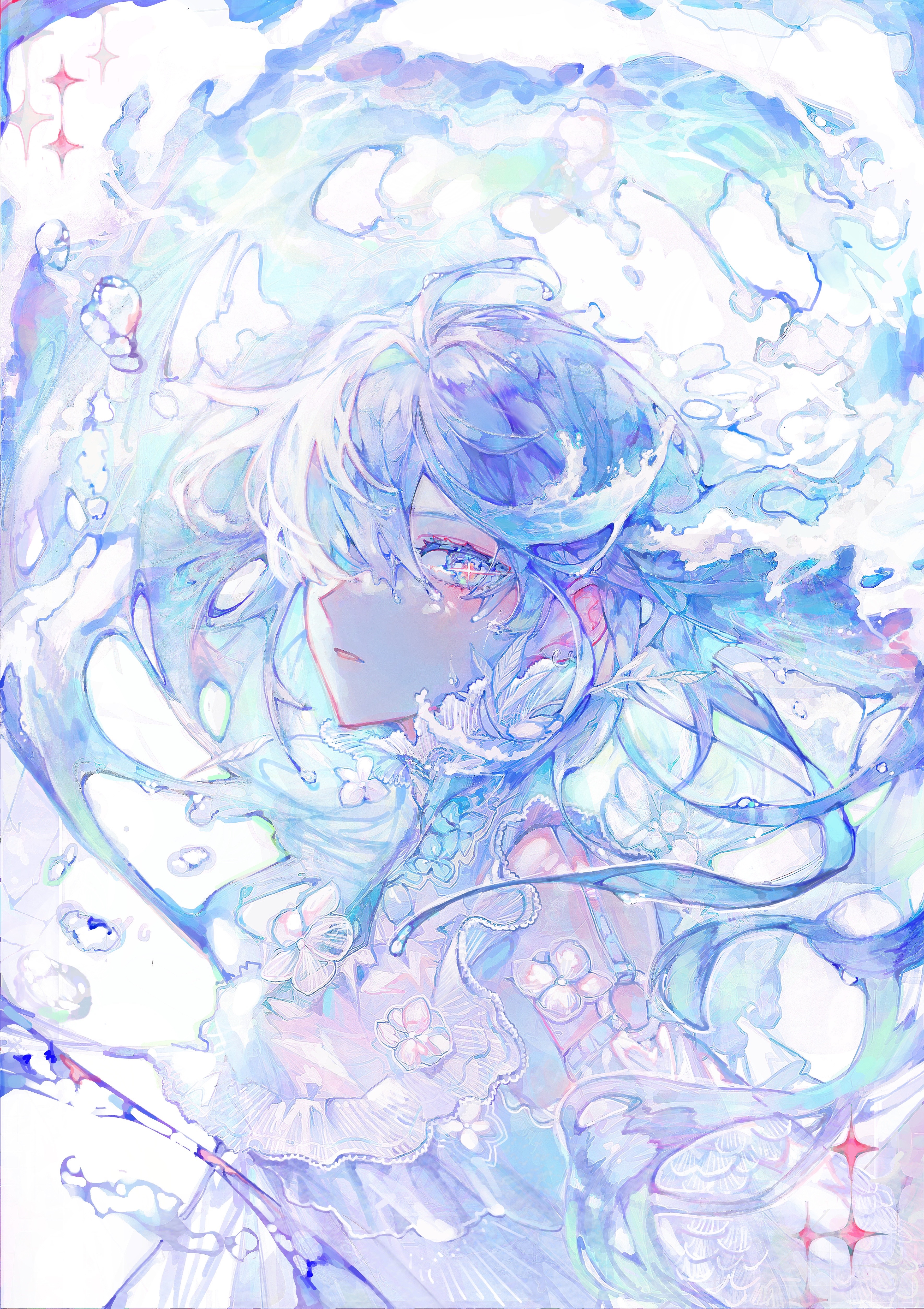 Anime girl with blue hair and blue eyes surrounded by water HD Phone Wallpaper