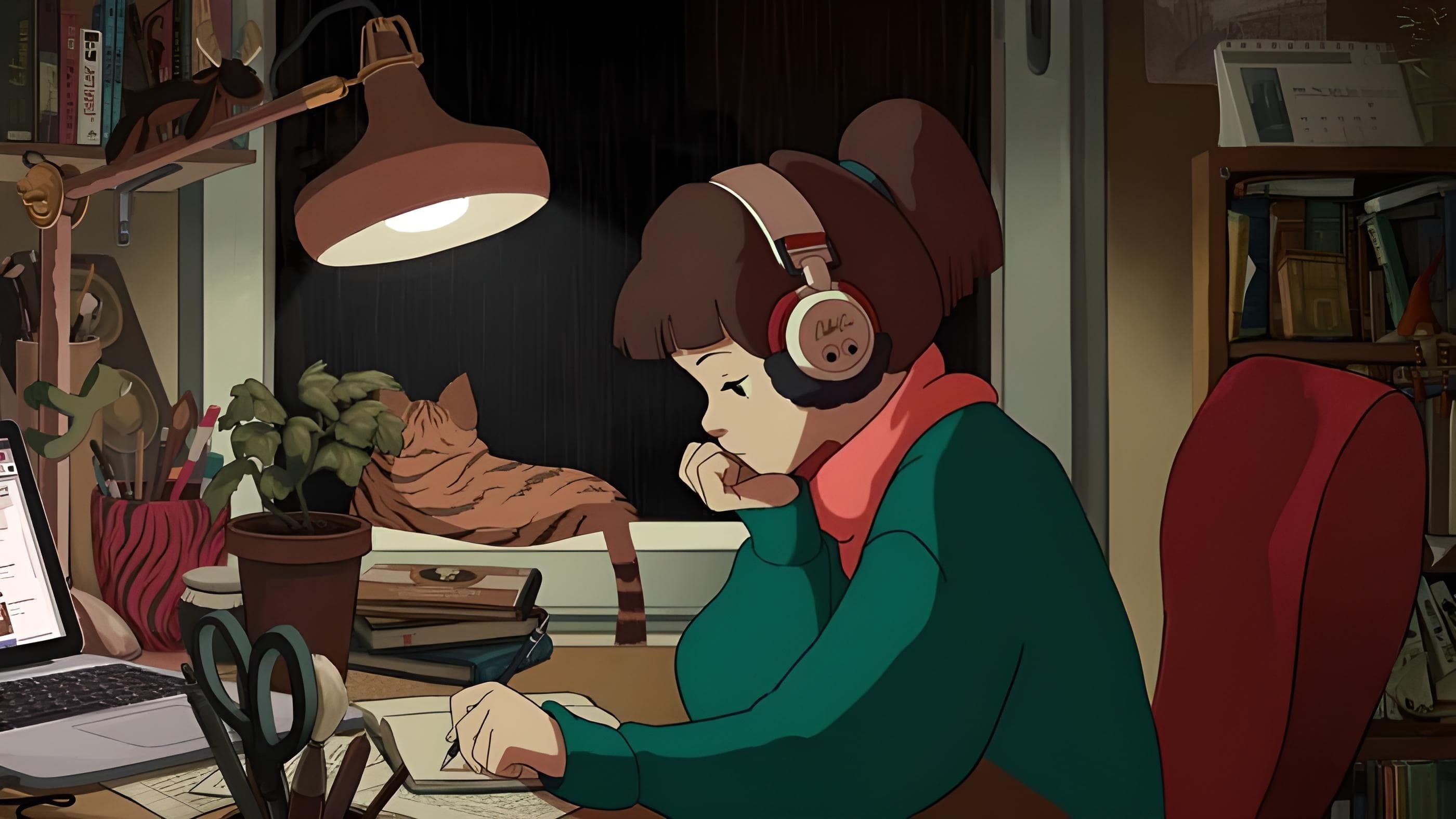 Lofi Girl studying by the window with her cat HD Wallpaper