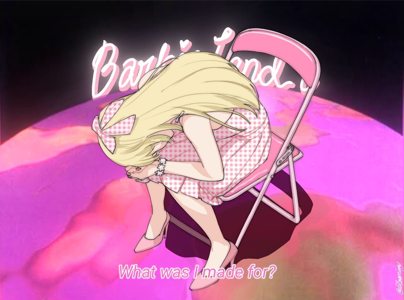Barbie Land with a sad blonde girl on a chair HD Wallpaper