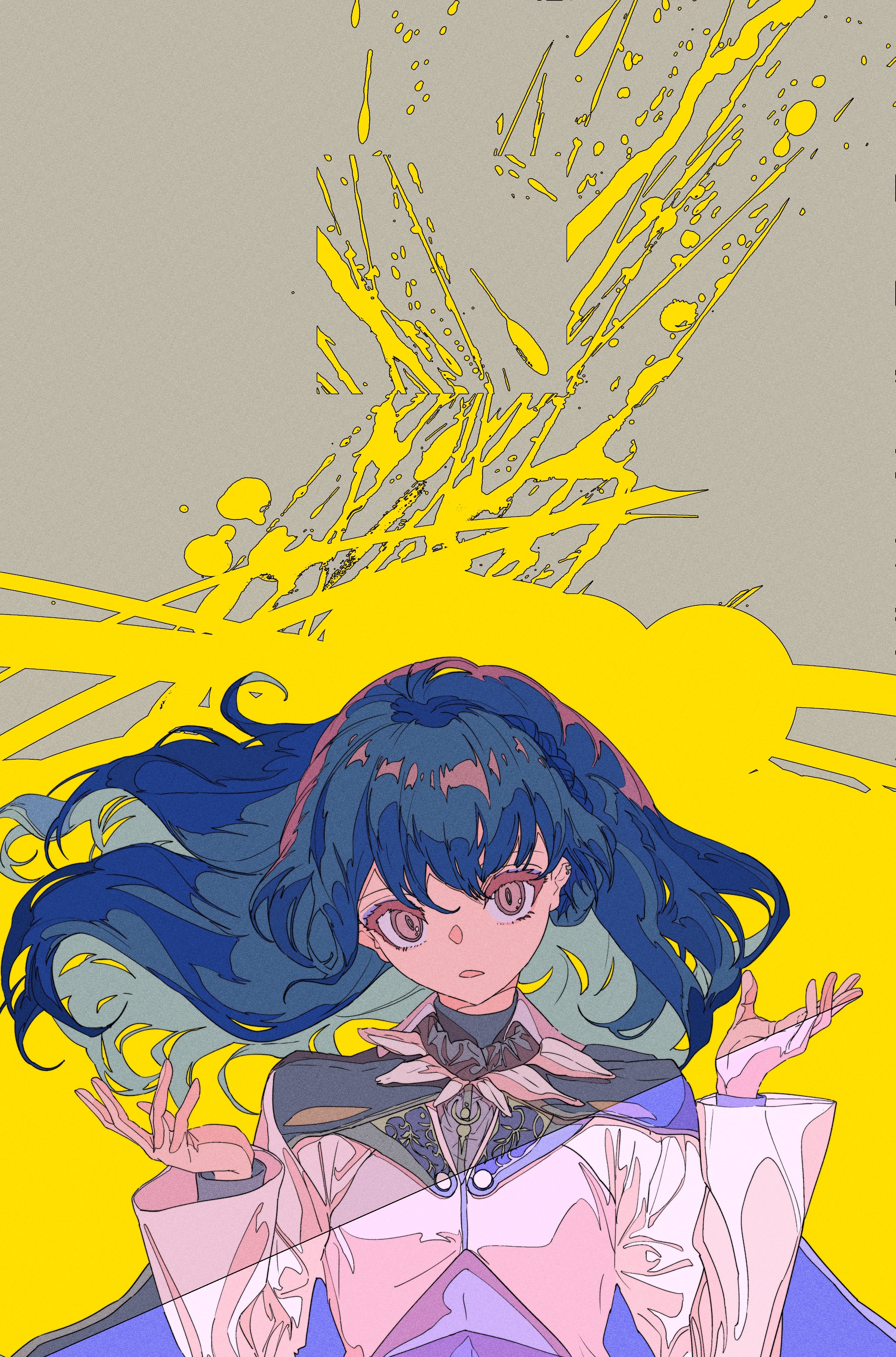 Anime girl with dark blue hair and yellow background HD Phone Wallpaper
