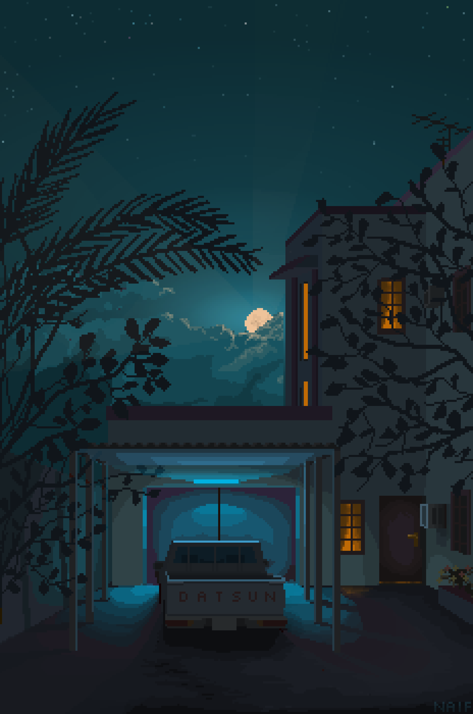 Pixel art night scene with Datsun truck under moonlight HD Phone Wallpaper
