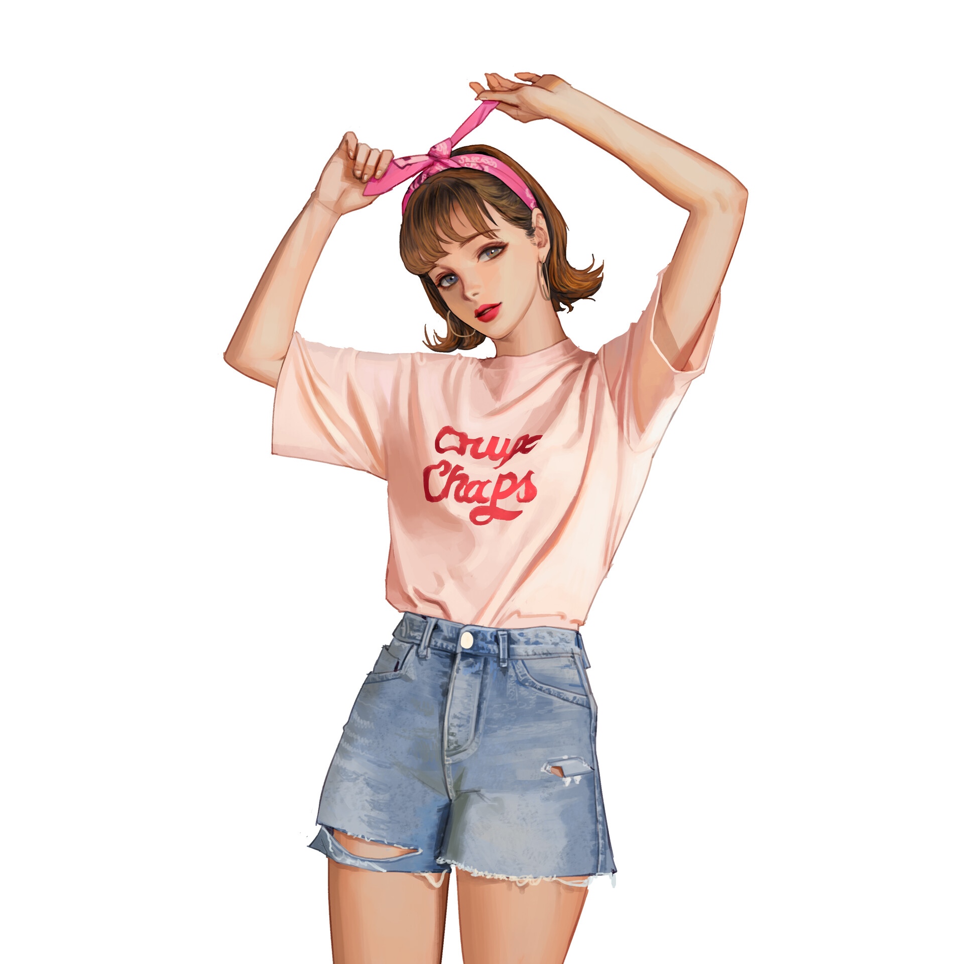 Woman with pink bandana and denim shorts HD Wallpaper