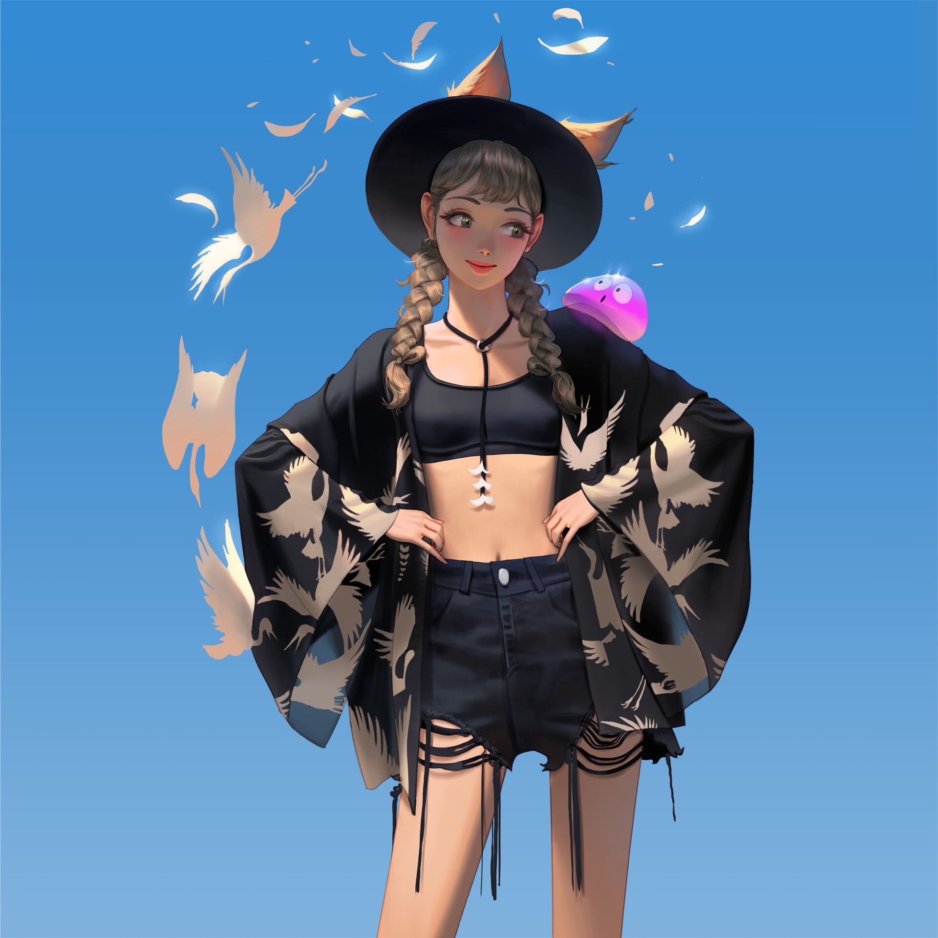 Woman in black kimono with bird print and shorts HD Wallpaper