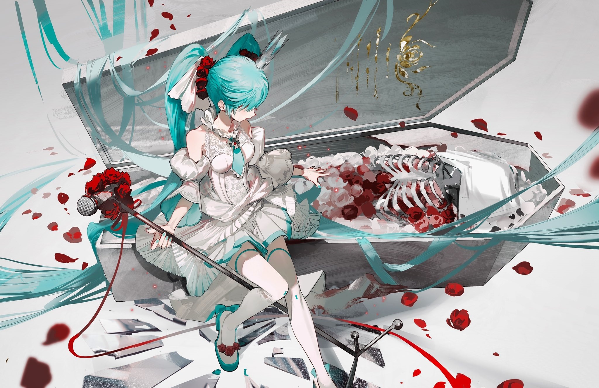 Hatsune Miku in a wedding dress with a coffin and roses HD Wallpaper
