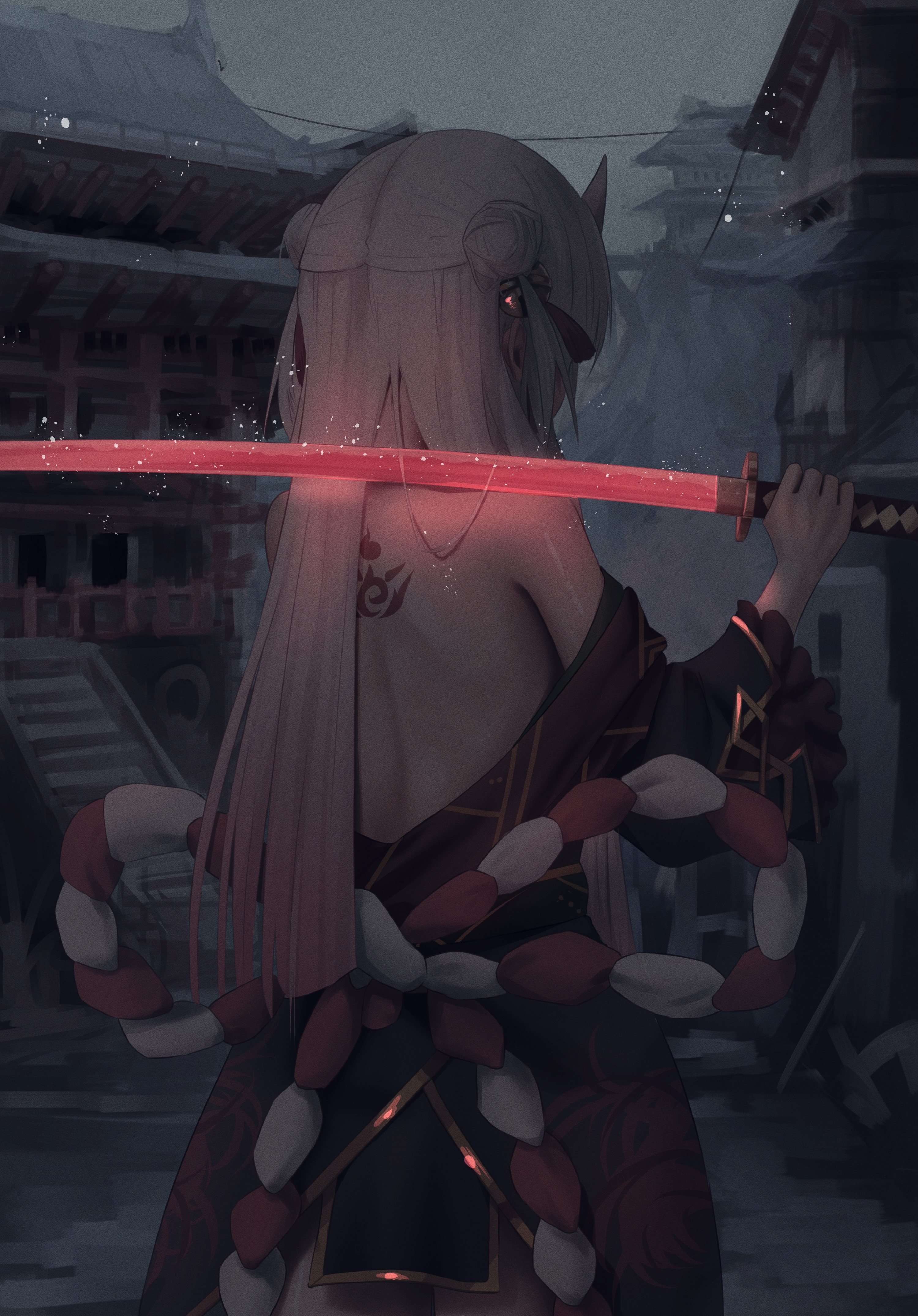 Nakiri Ayame with a glowing red sword HD Phone Wallpaper