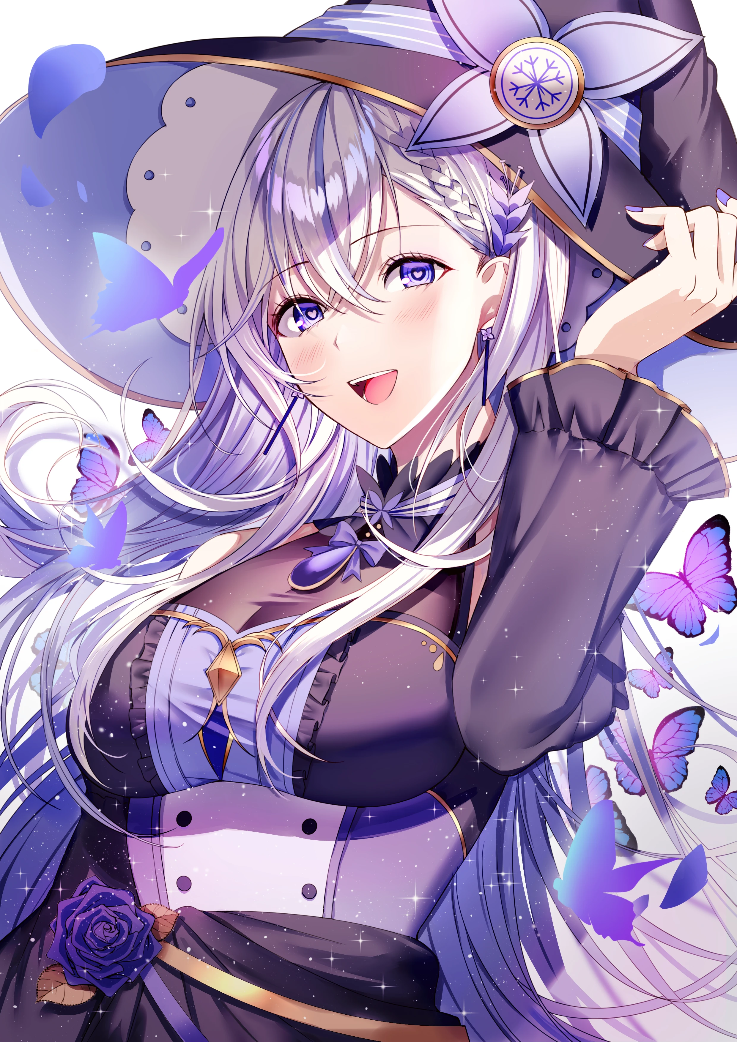 Anime Witch with Purple Butterflies and Snowflake Hat HD Phone Wallpaper