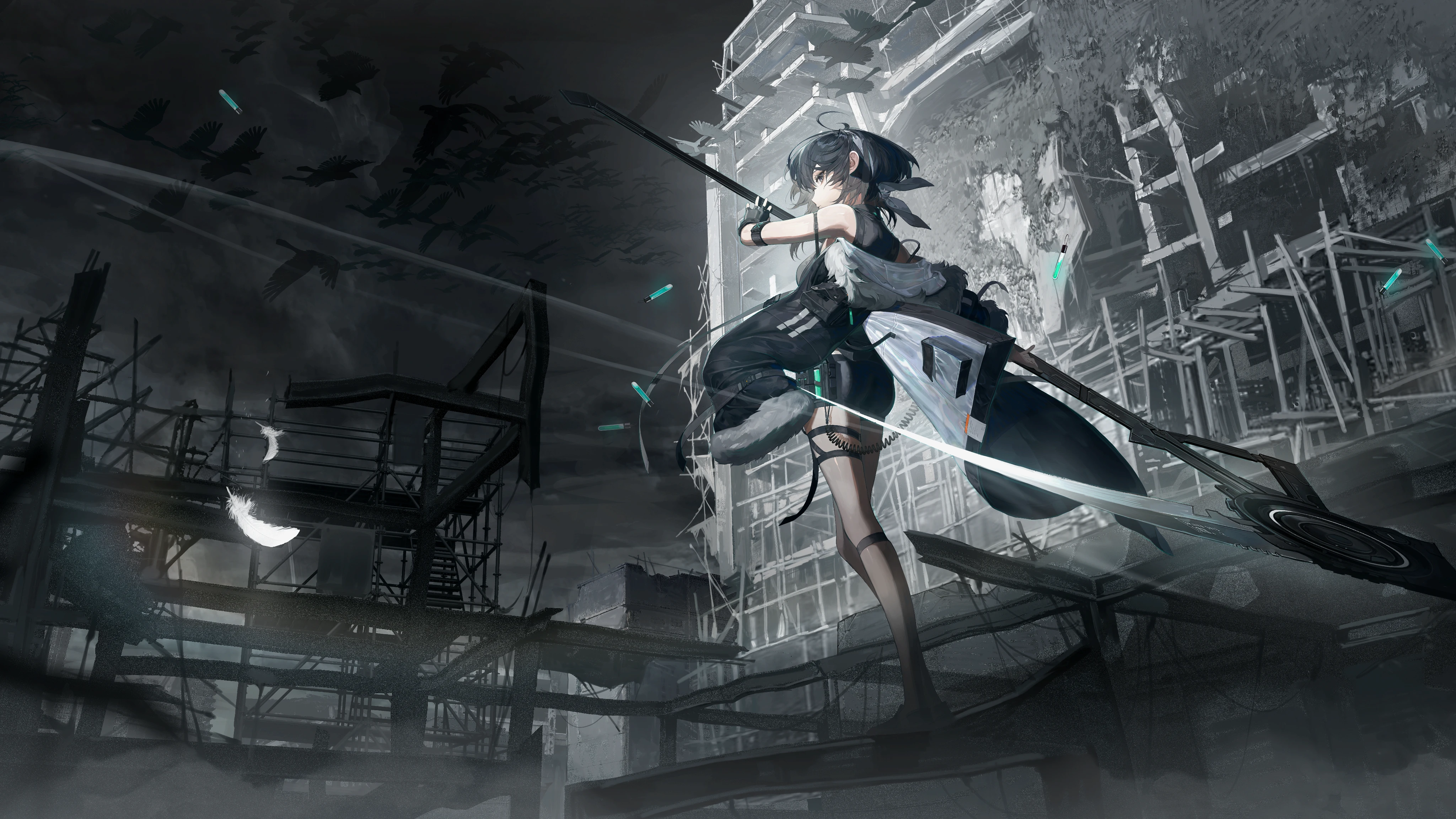 4K Arknights La Pluma standing in a ruined city at night HD Wallpaper