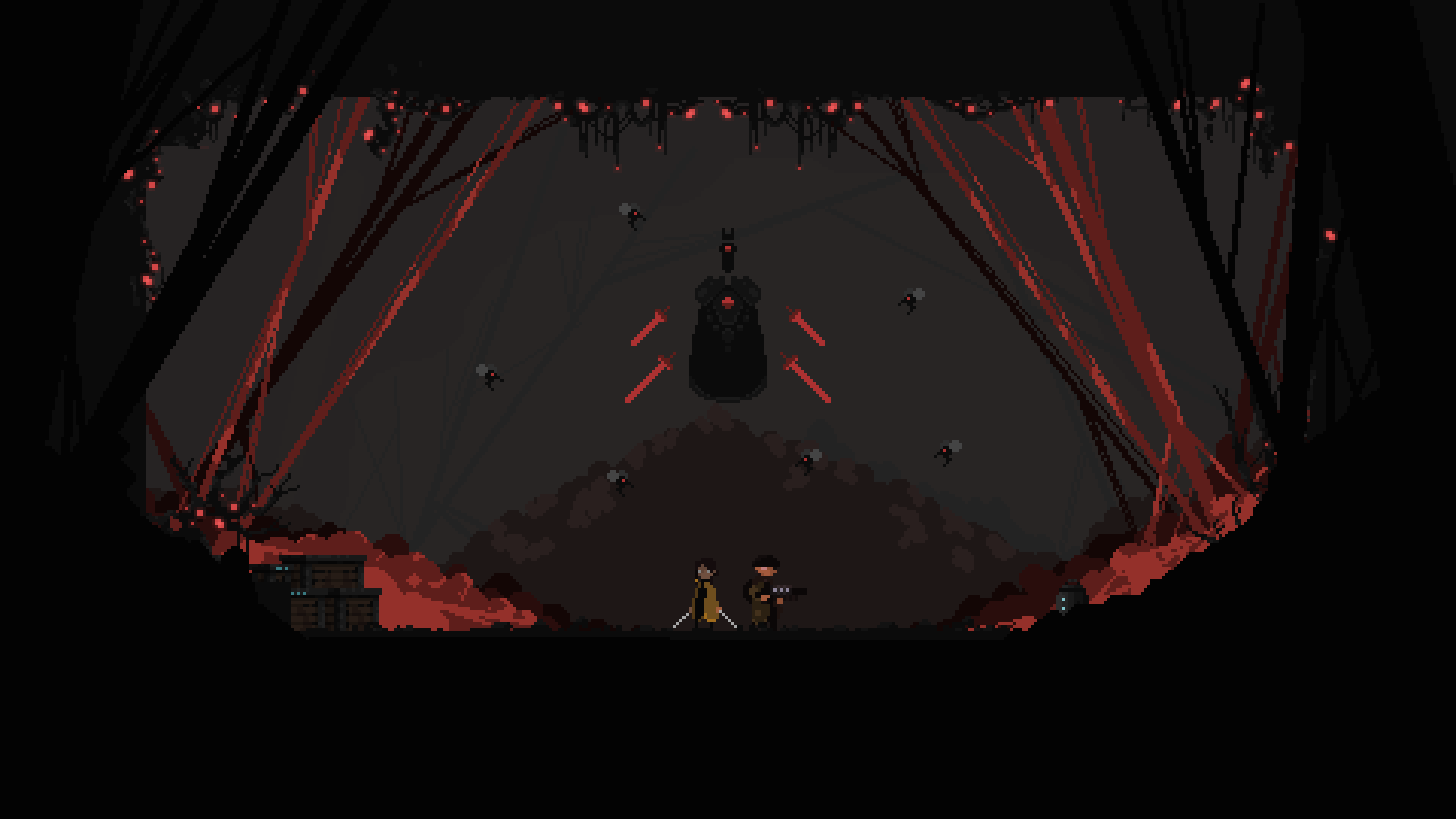 Pixel art of two characters facing a large dark figure in a forest HD Wallpaper