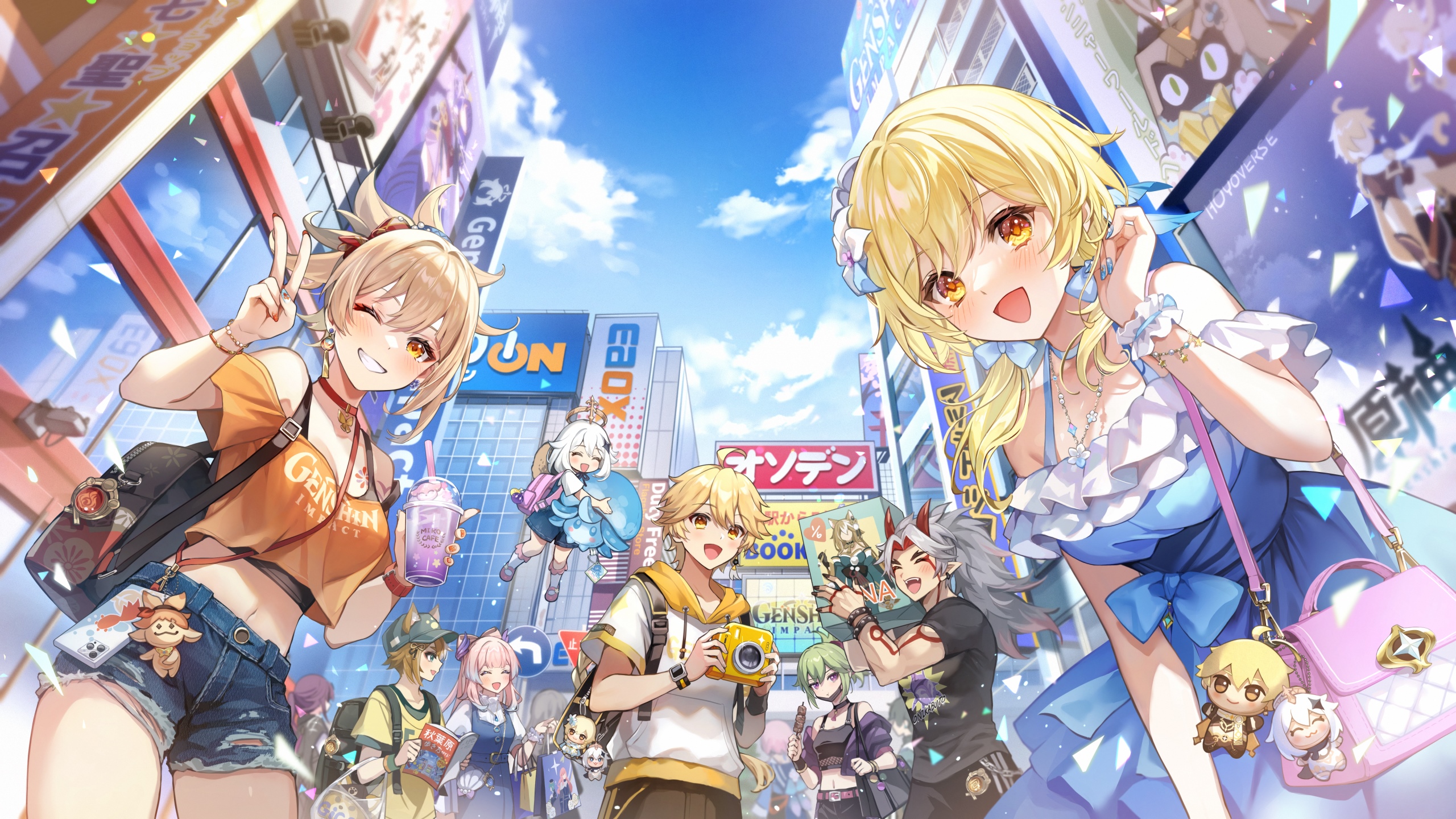 Genshin Impact characters in a Japanese street HD Wallpaper