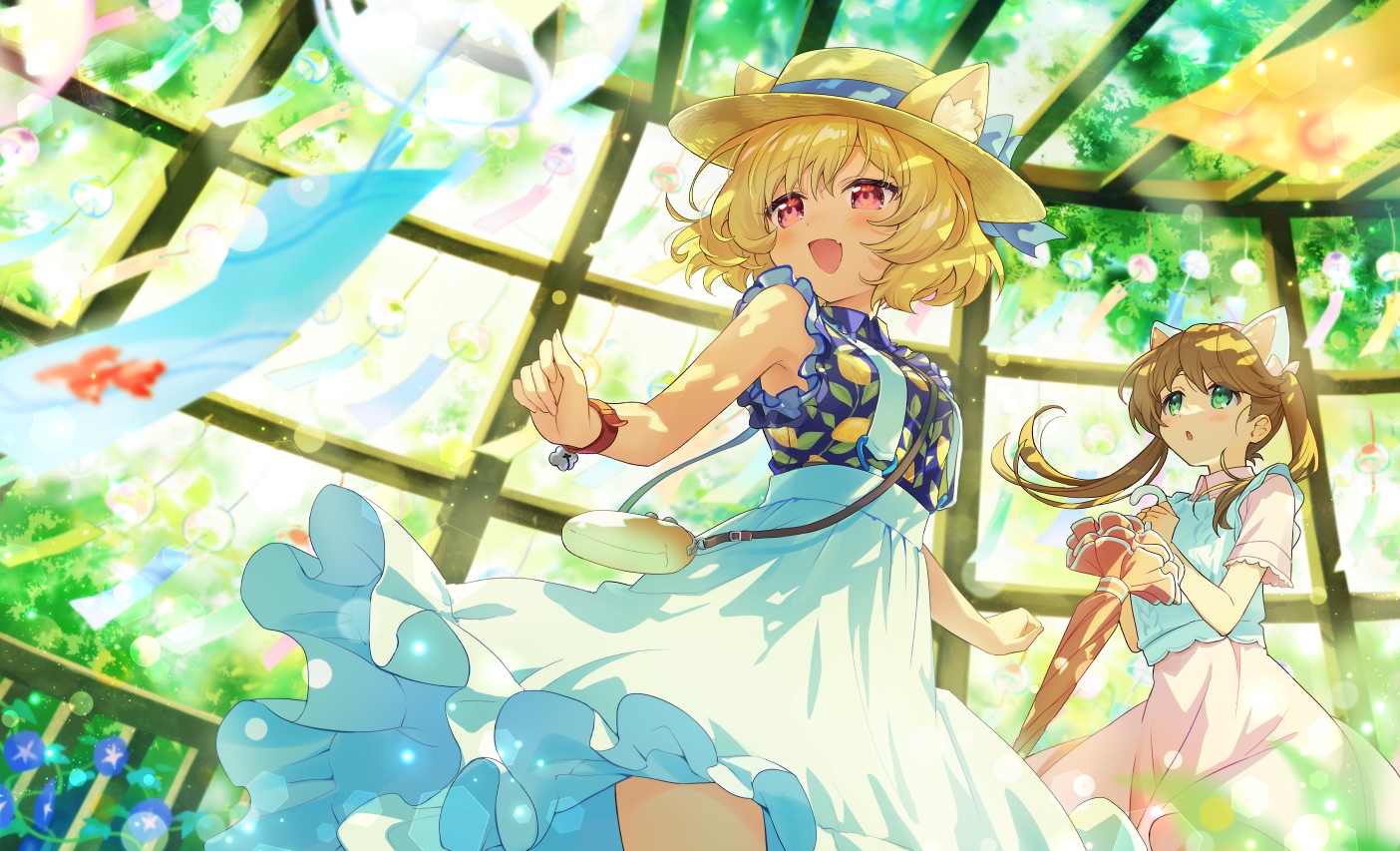 Anime cat girls in summer dresses with hats HD Wallpaper