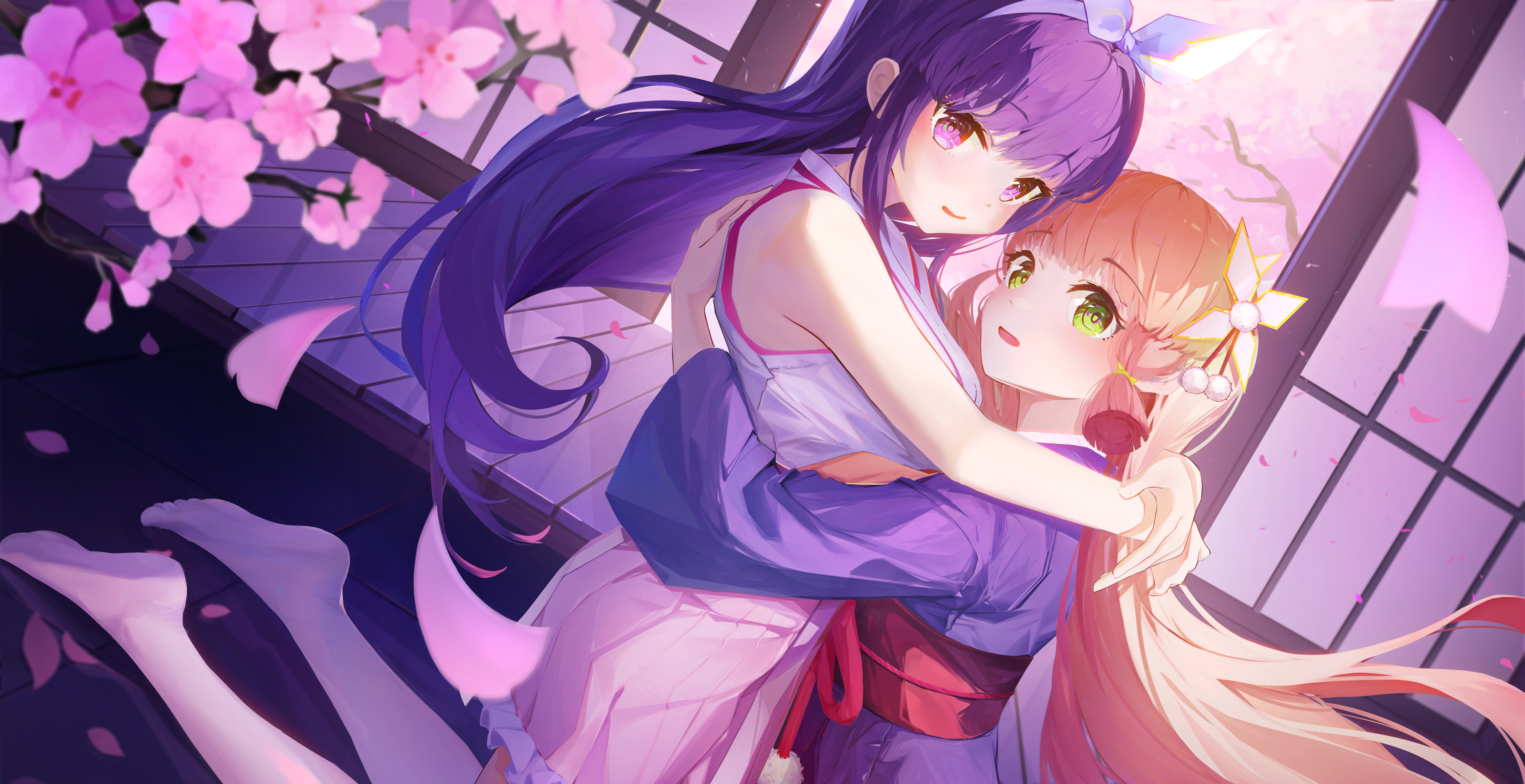 Two anime girls hugging under cherry blossoms HD Wallpaper