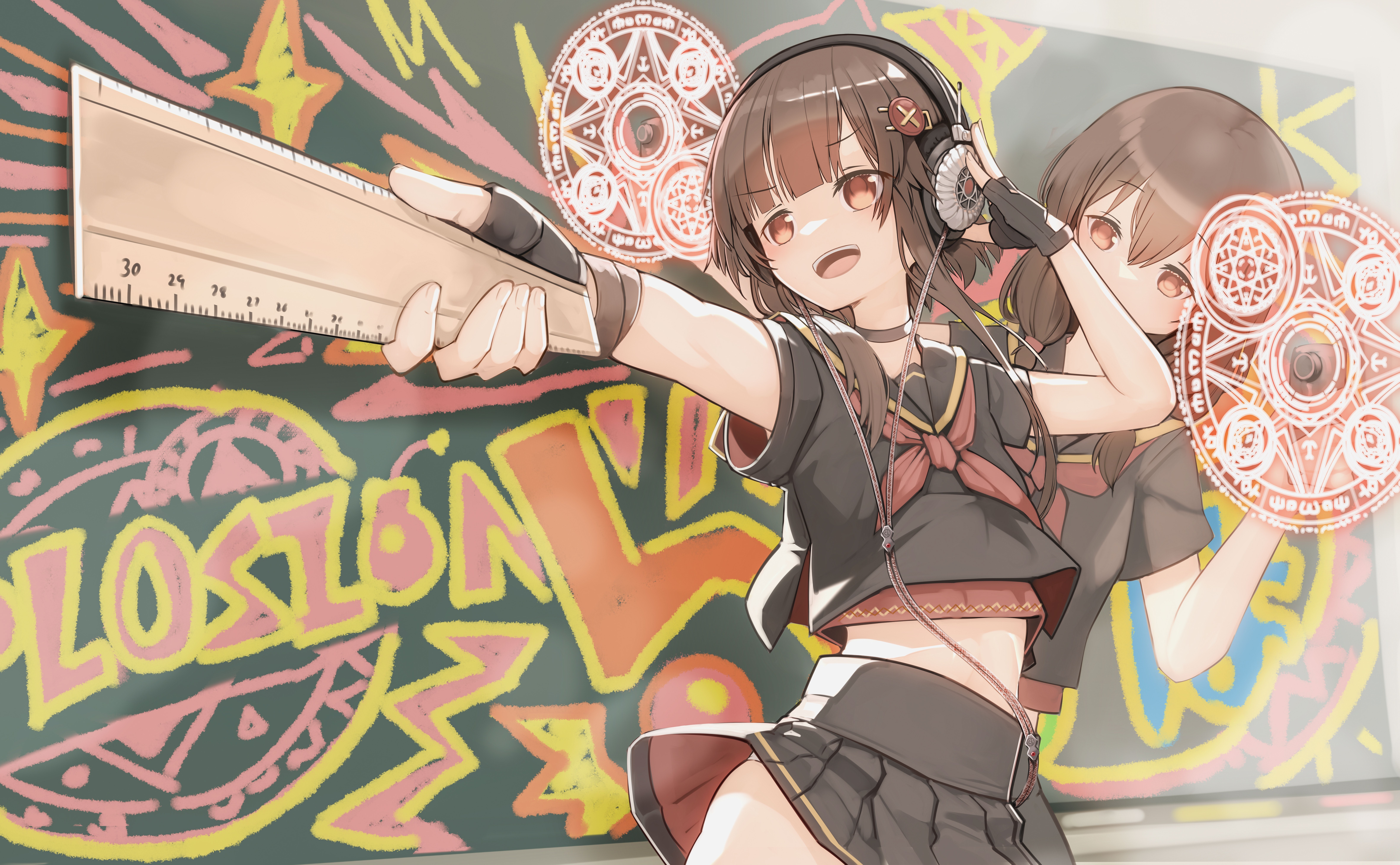 Schoolgirls with headphones and ruler in front of blackboard HD Wallpaper
