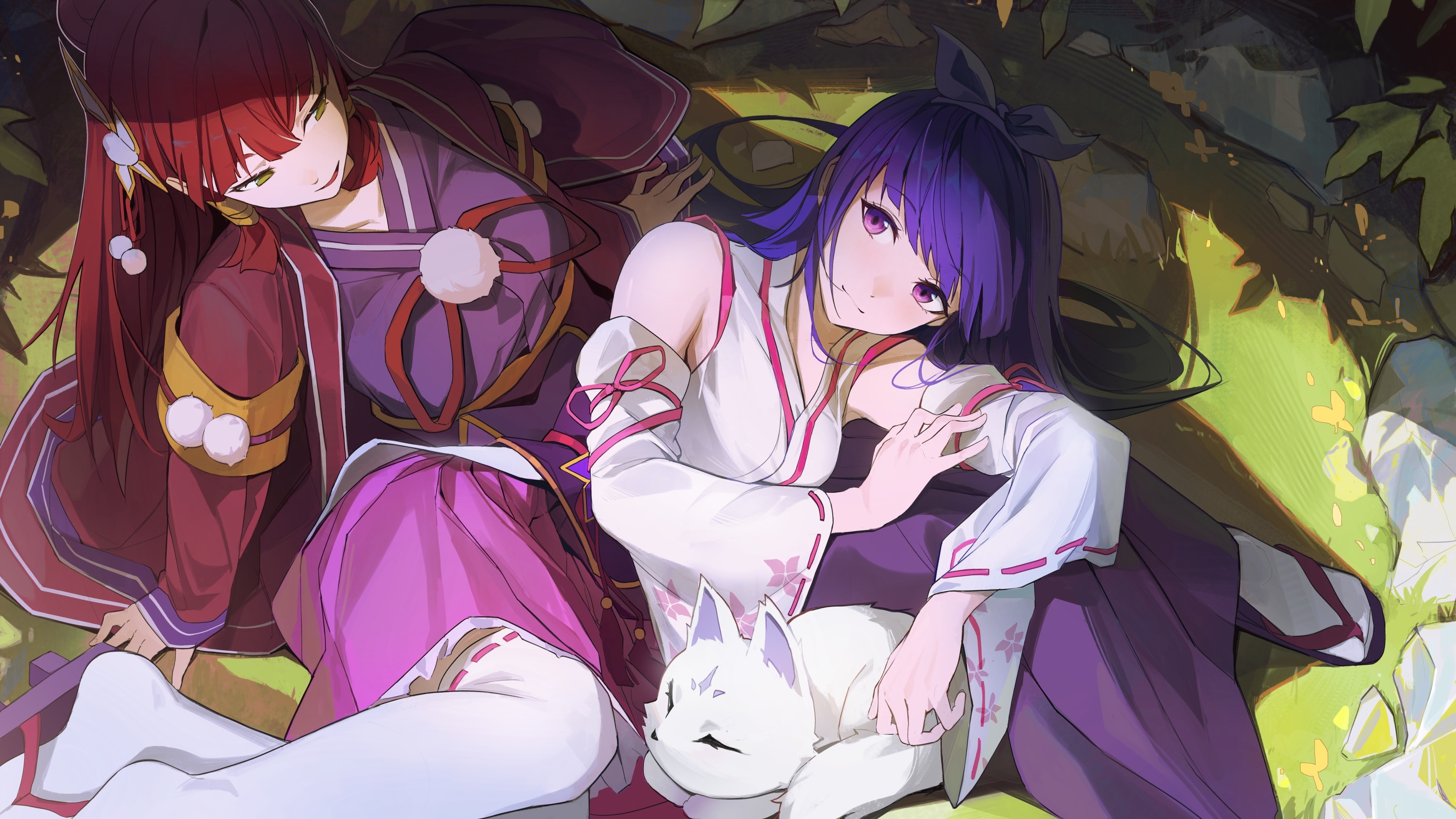 Two anime girls and a fox resting in nature HD Wallpaper
