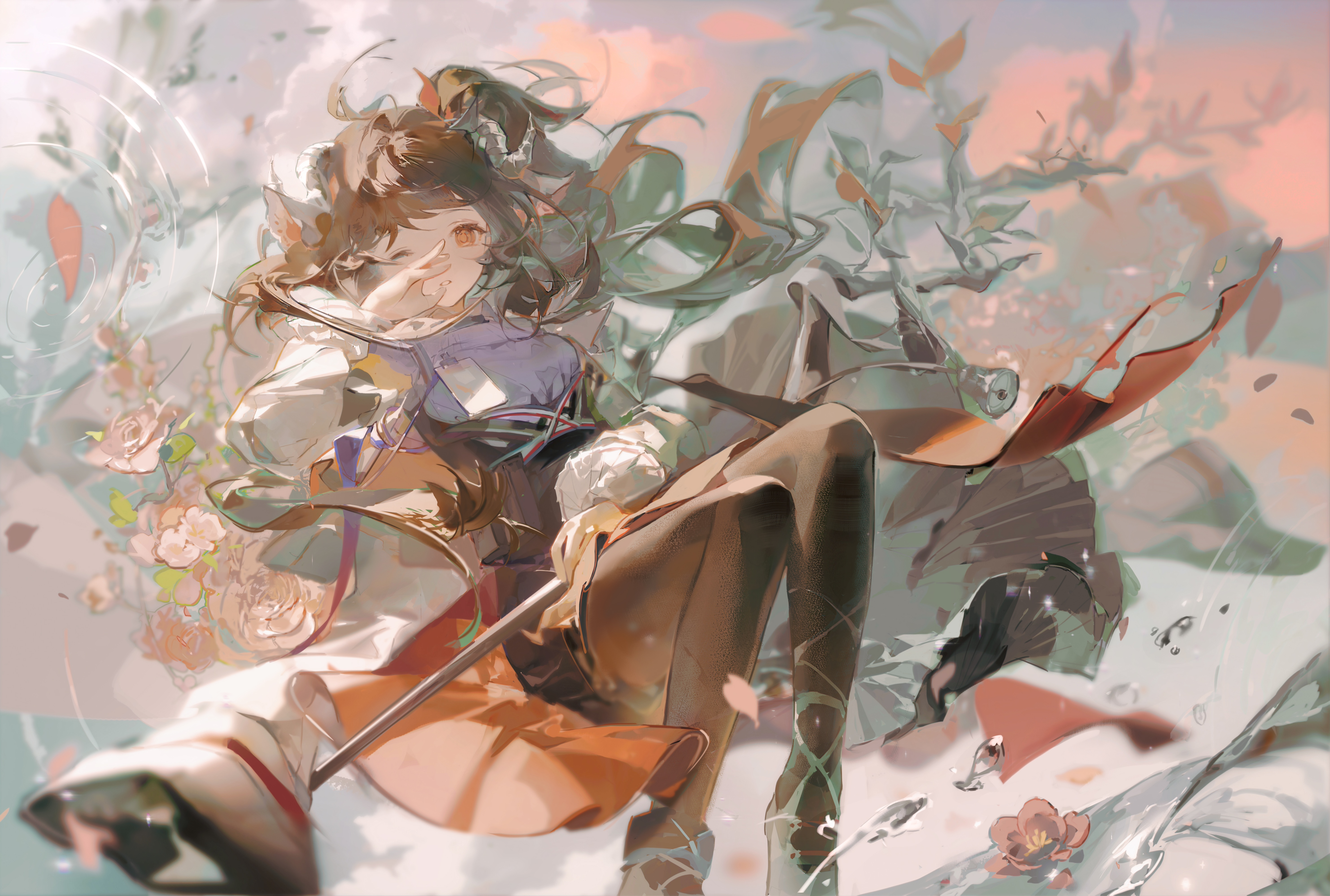 Anime girl with flowers and water HD Wallpaper