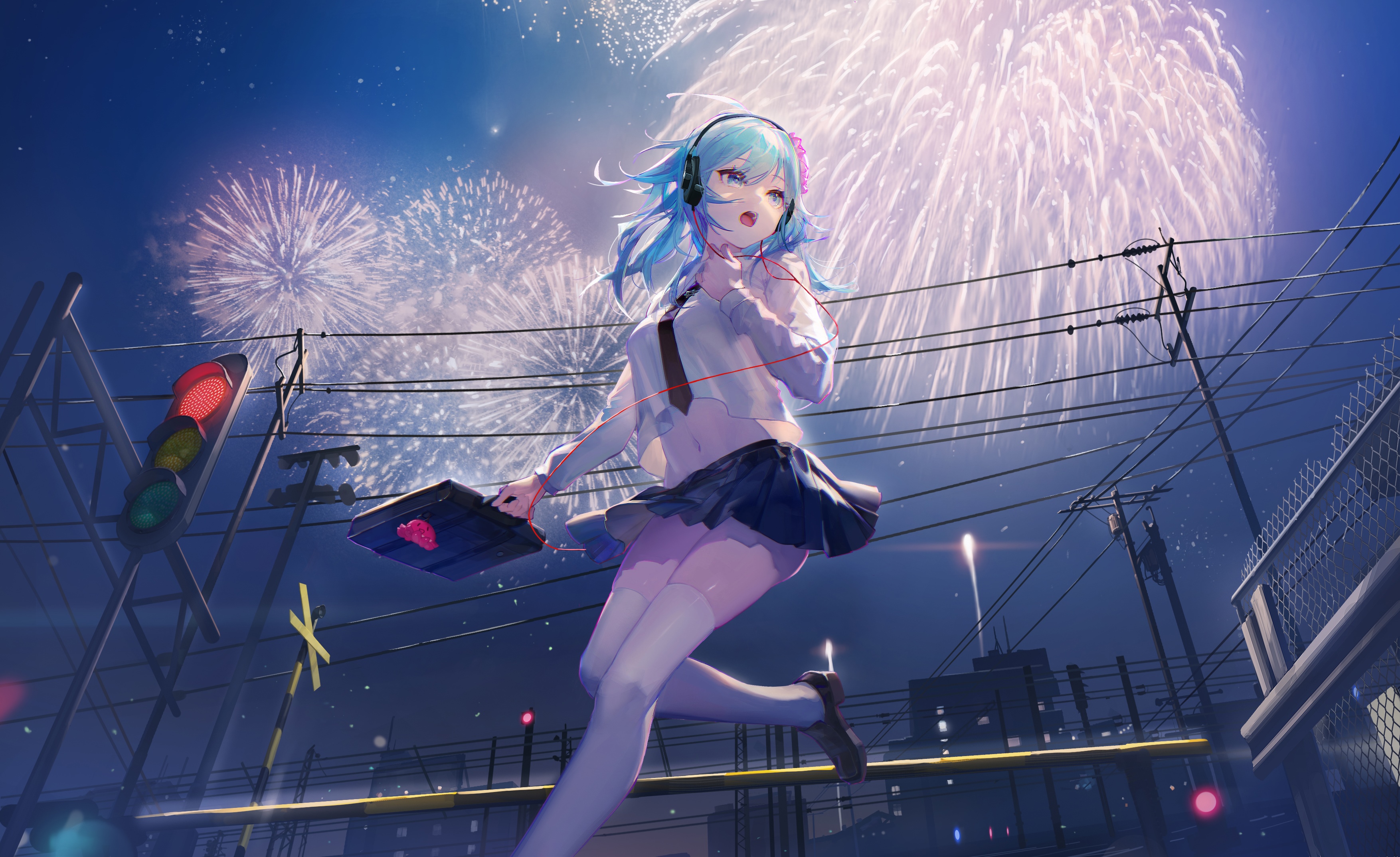 Girl with blue hair and headphones at fireworks HD Wallpaper