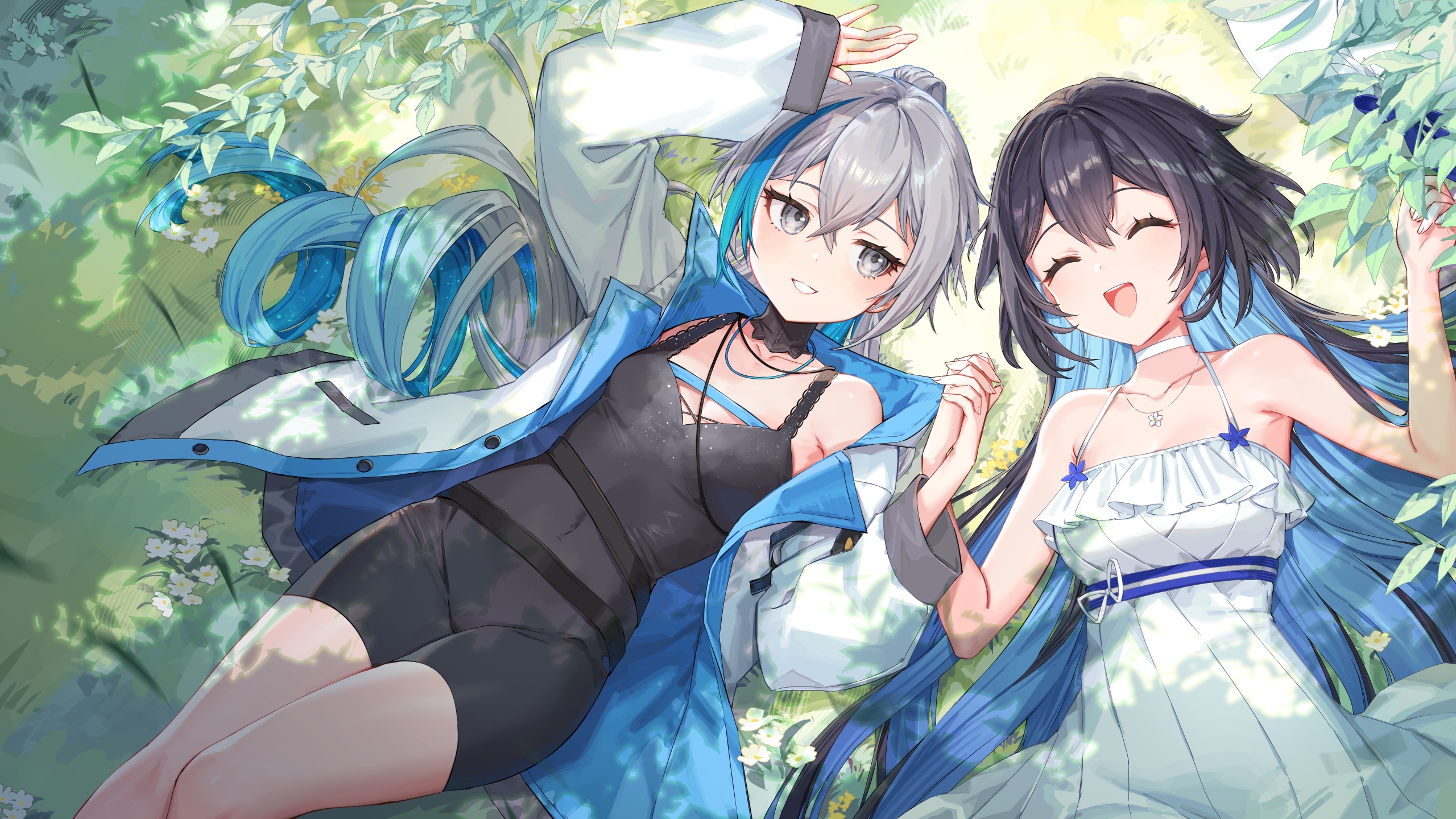 Two anime girls lying on grass holding hands HD Wallpaper