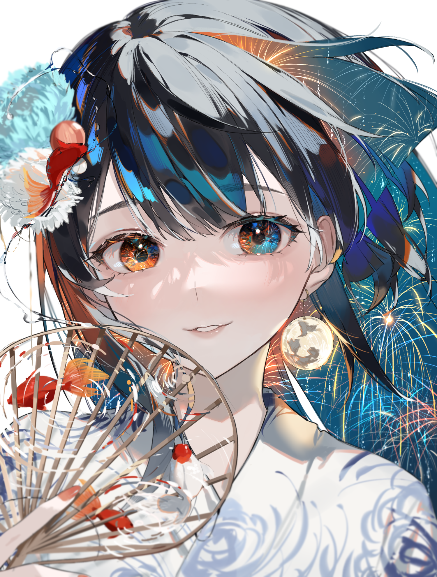 Anime girl with multi-colored eyes and hair holding a fan HD Phone Wallpaper