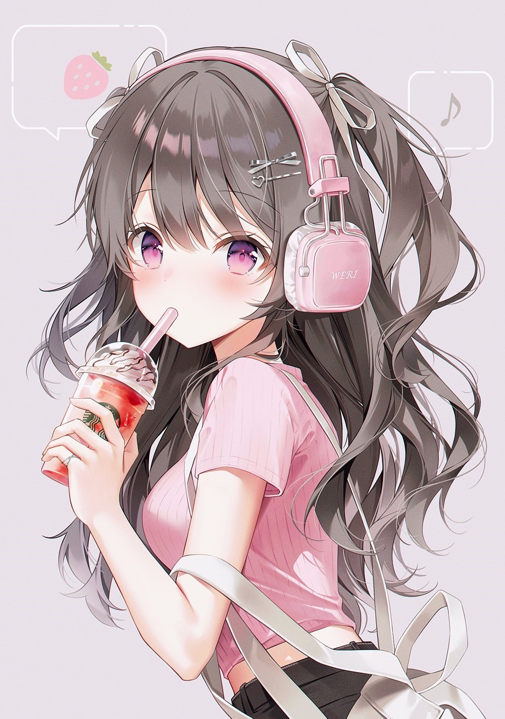 Anime girl with pink headphones drinking a strawberry drink HD Phone Wallpaper