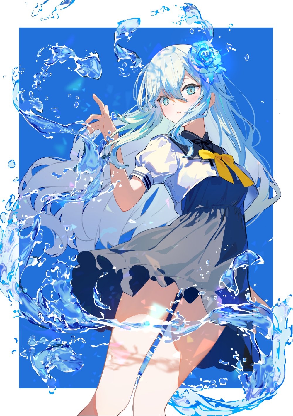 Anime girl with blue hair and eyes surrounded by water HD Phone Wallpaper
