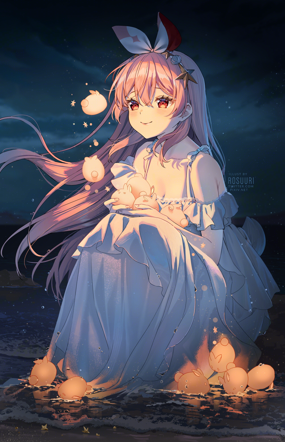 Girl with pink hair and glowing creatures on the beach HD Phone Wallpaper