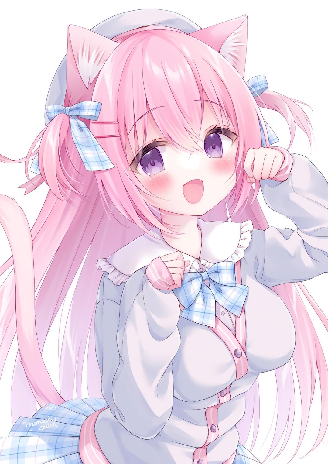 Pink-haired cat girl with purple eyes and blue plaid skirt HD Phone Wallpaper