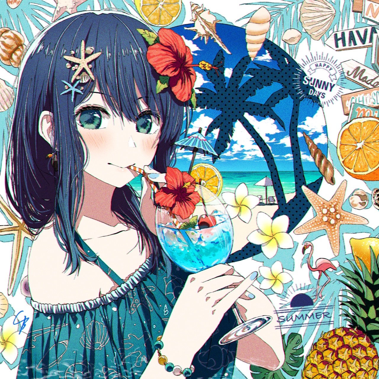 Kurokawa Akane from Oshi no Ko drinking a cocktail on the beach HD Wallpaper