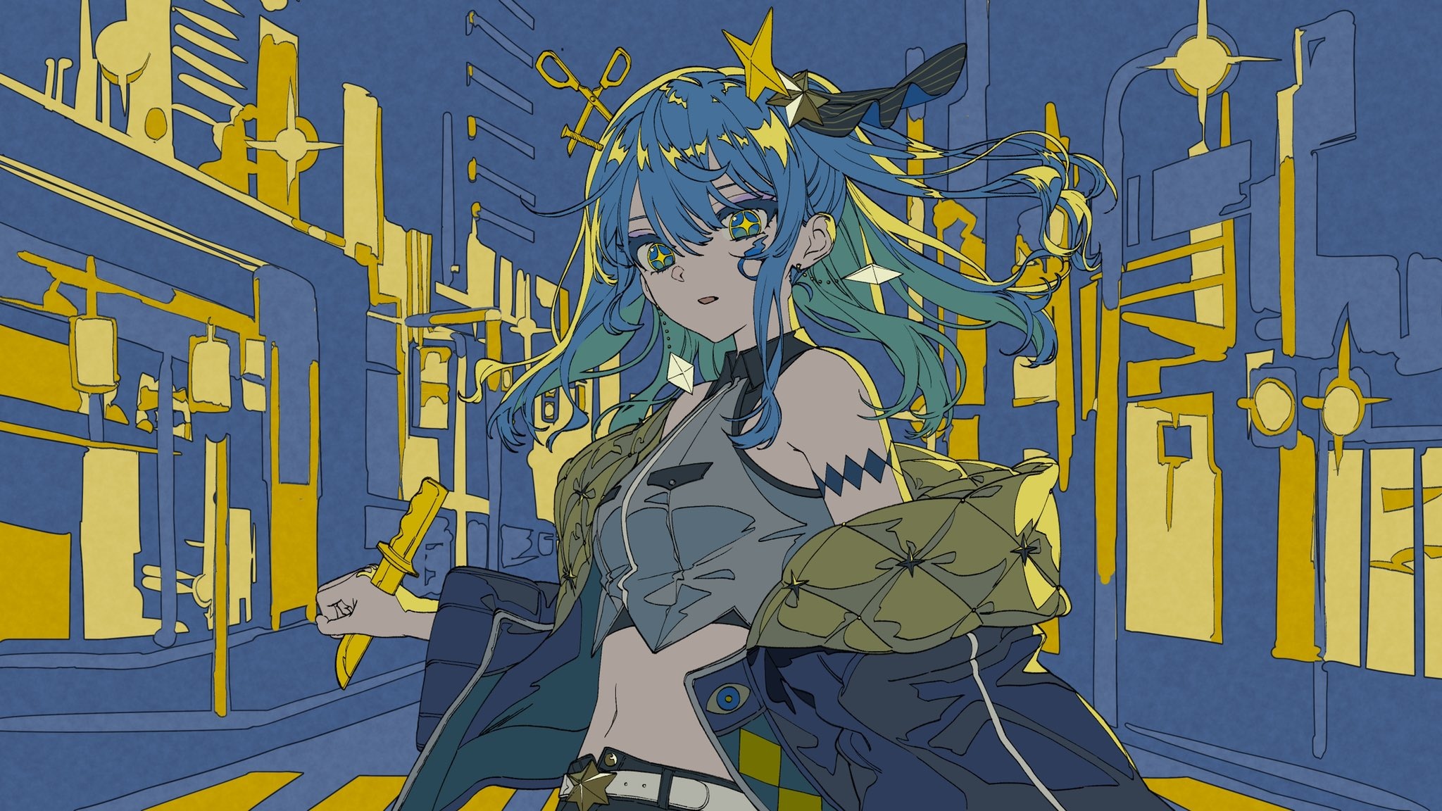 Hoshimachi Suisei with a knife in a city HD Wallpaper