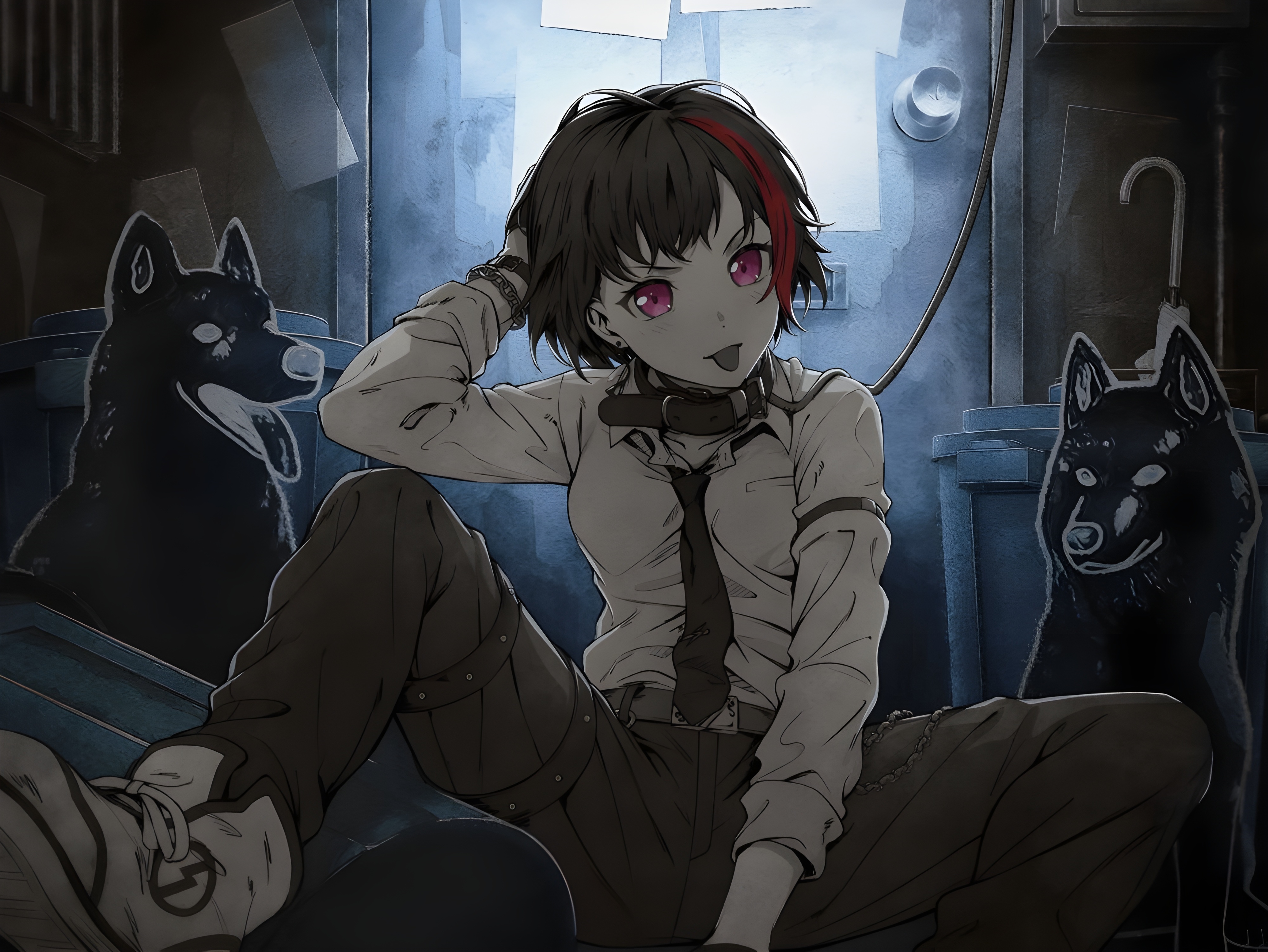 Ran Mitake with two black dogs HD Wallpaper