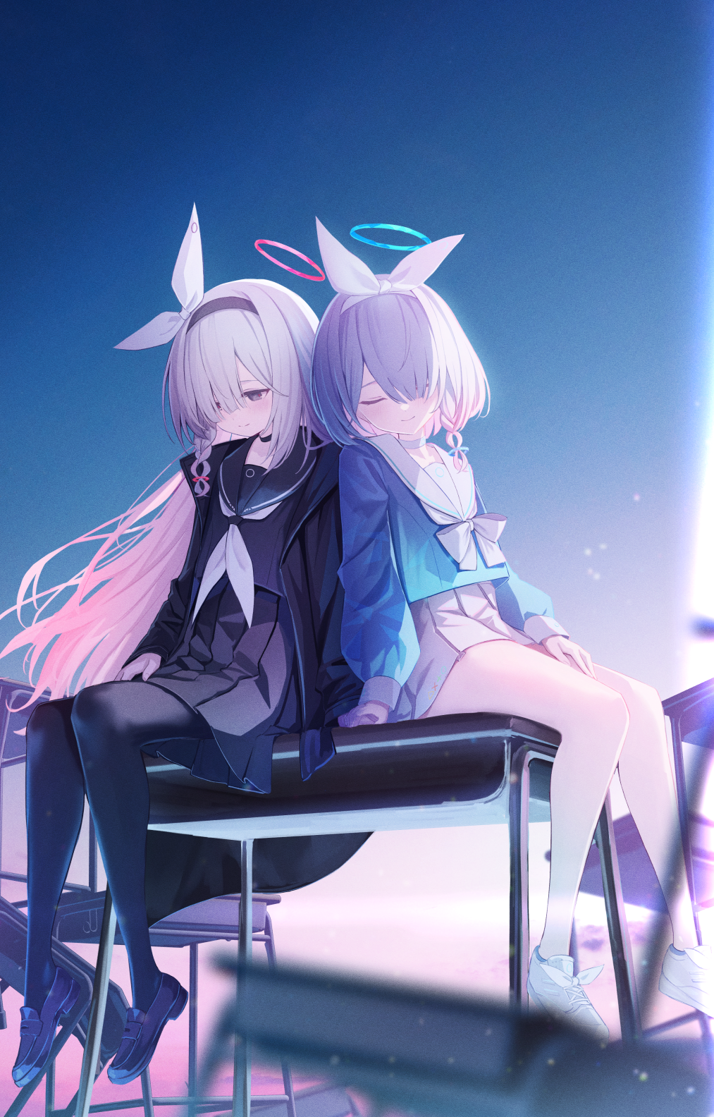 Arona and Plana from Blue Archive sitting on a desk HD Phone Wallpaper
