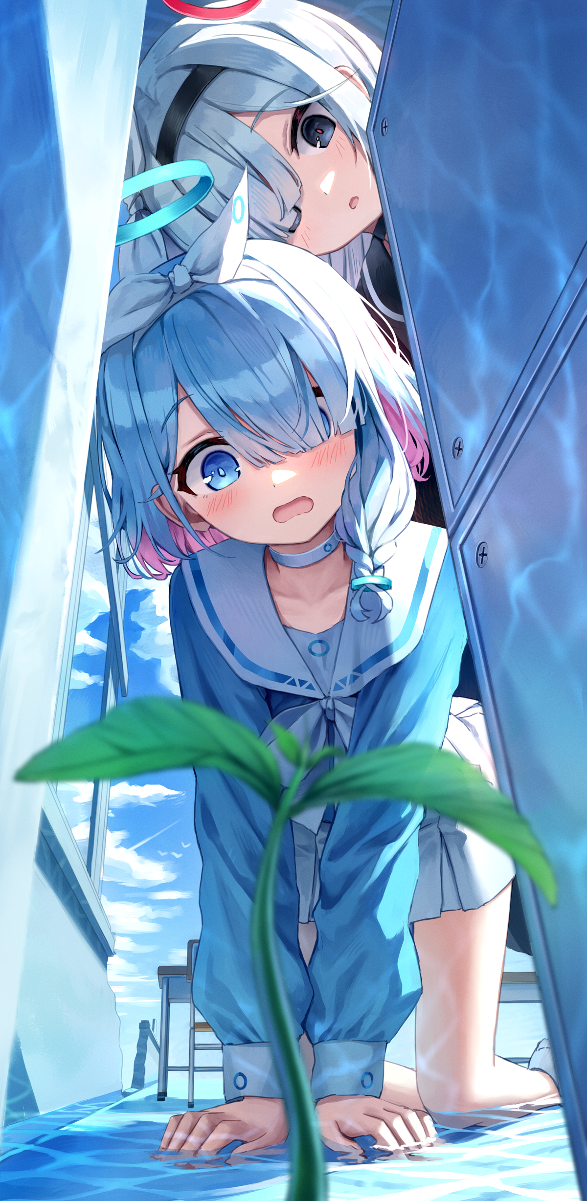 Blue Archive girls peeking from behind a panel HD Phone Wallpaper