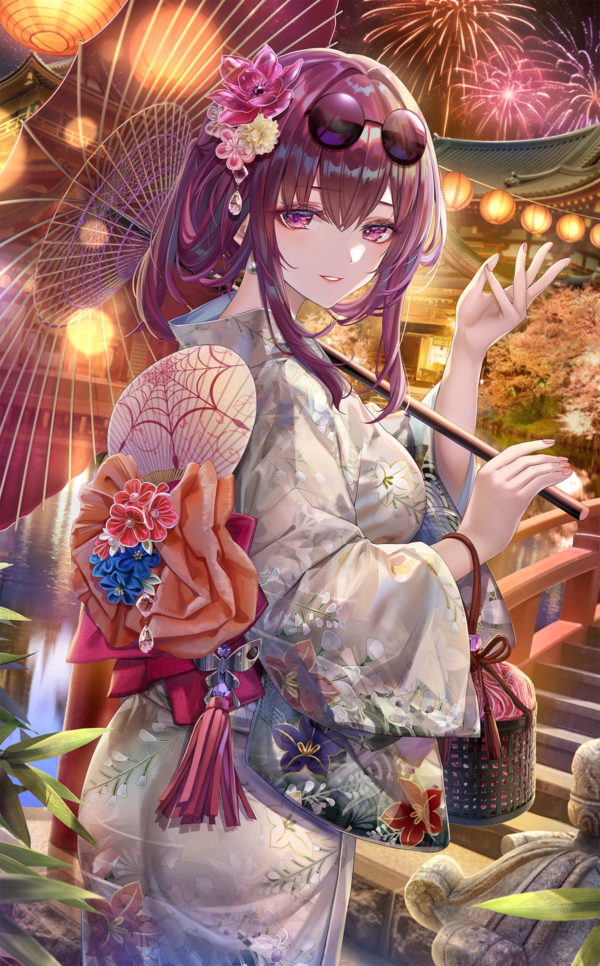 Kafka from Honkai: Star Rail with fireworks and umbrella HD Phone Wallpaper