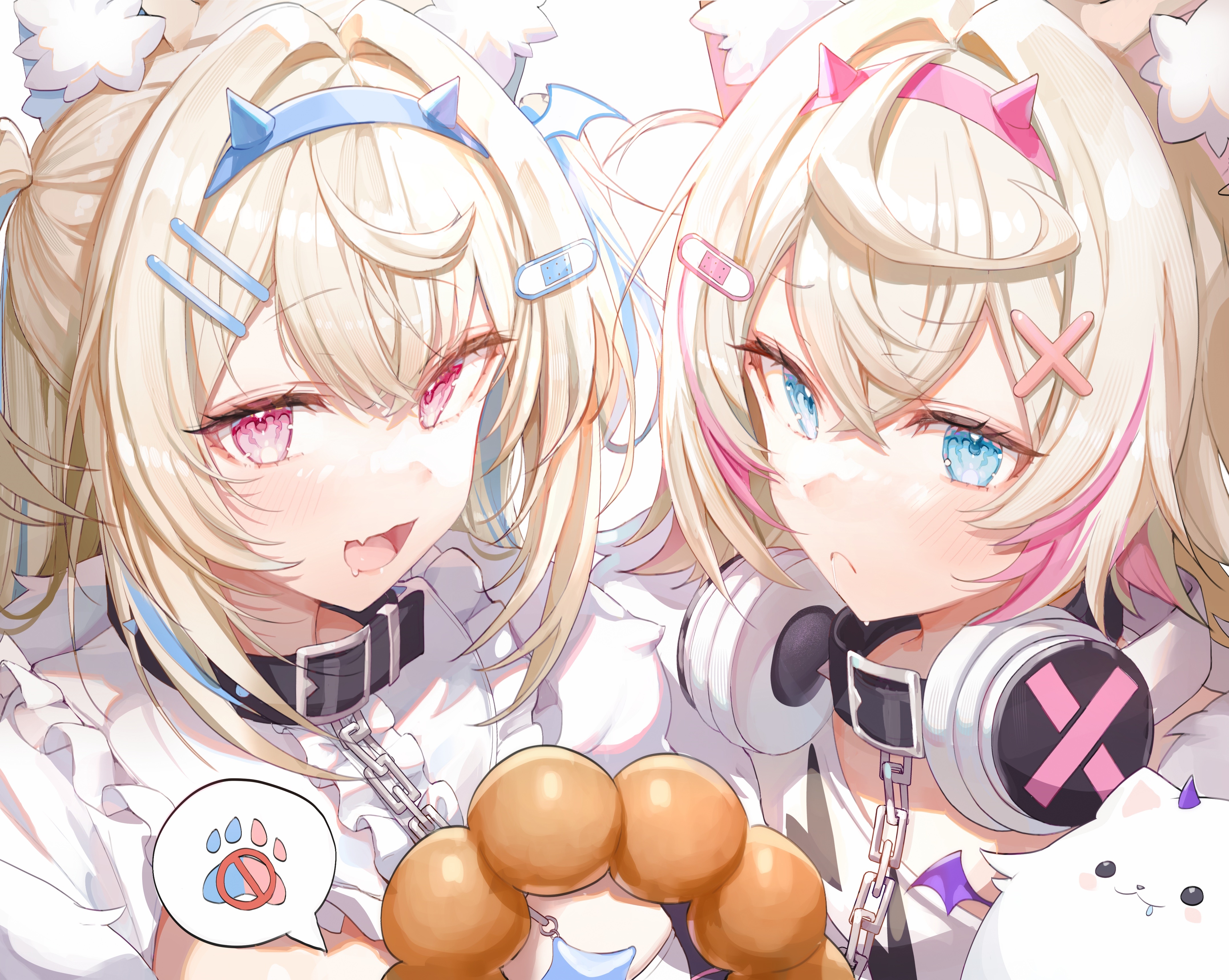 FUWAMOCO twins with Band-Aids and collars HD Wallpaper