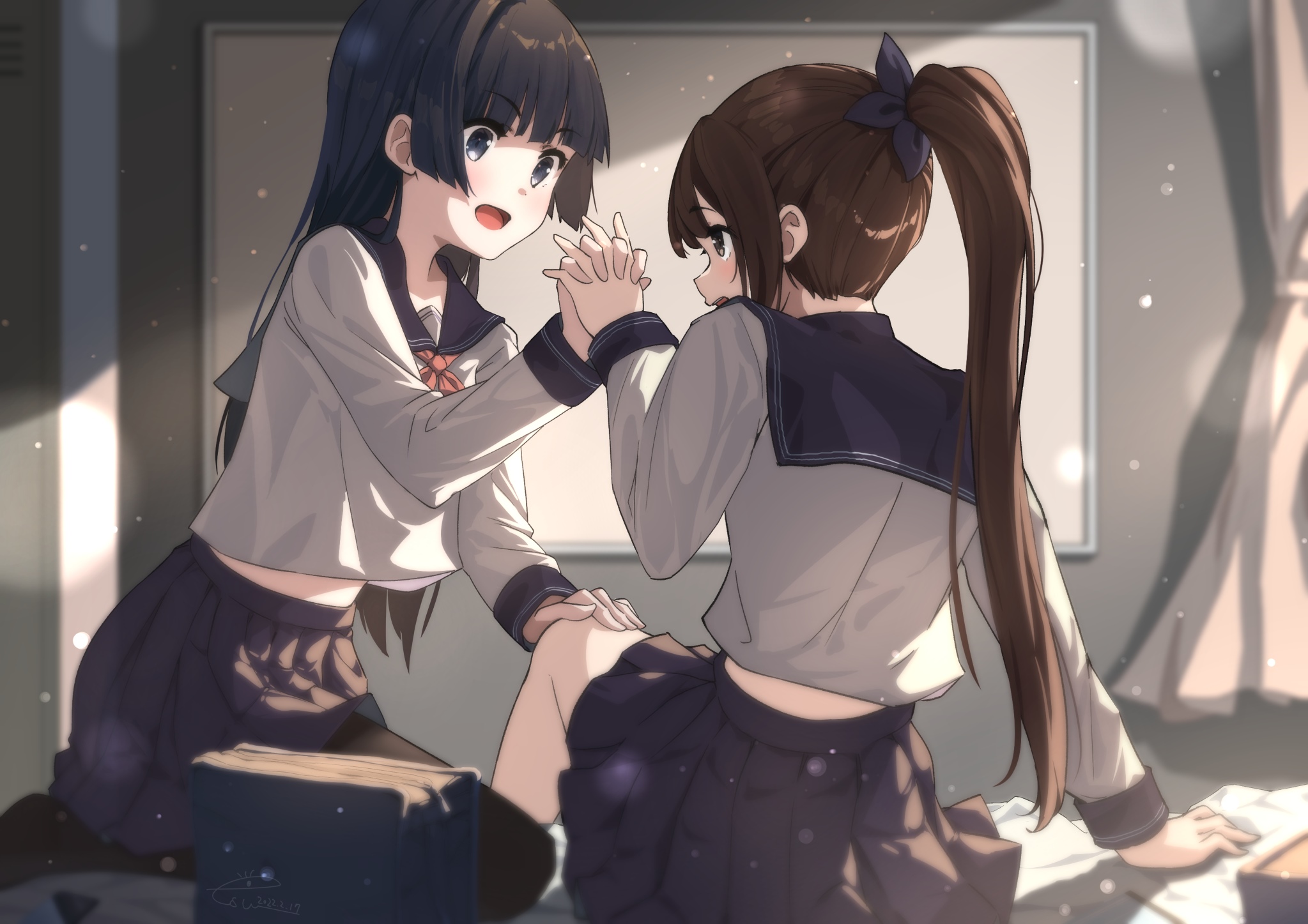 Two schoolgirls holding hands in a classroom HD Wallpaper