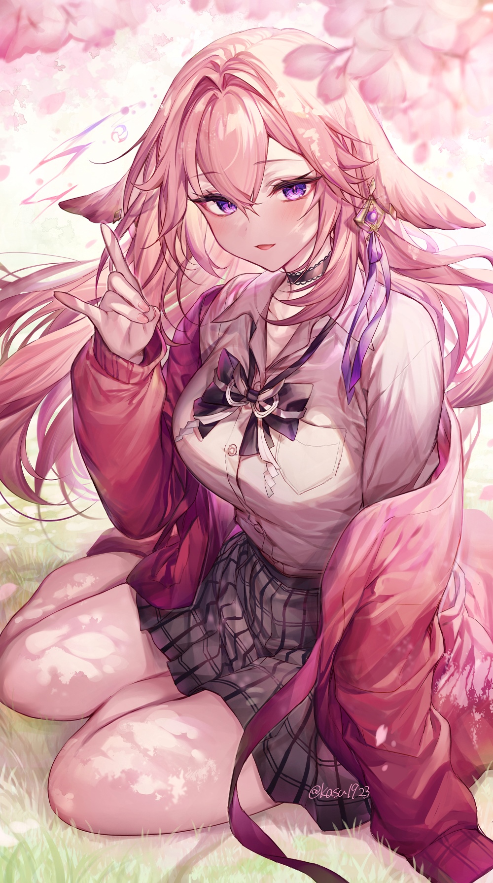 Yae Miko in a school uniform with pink hair and purple eyes HD Phone Wallpaper