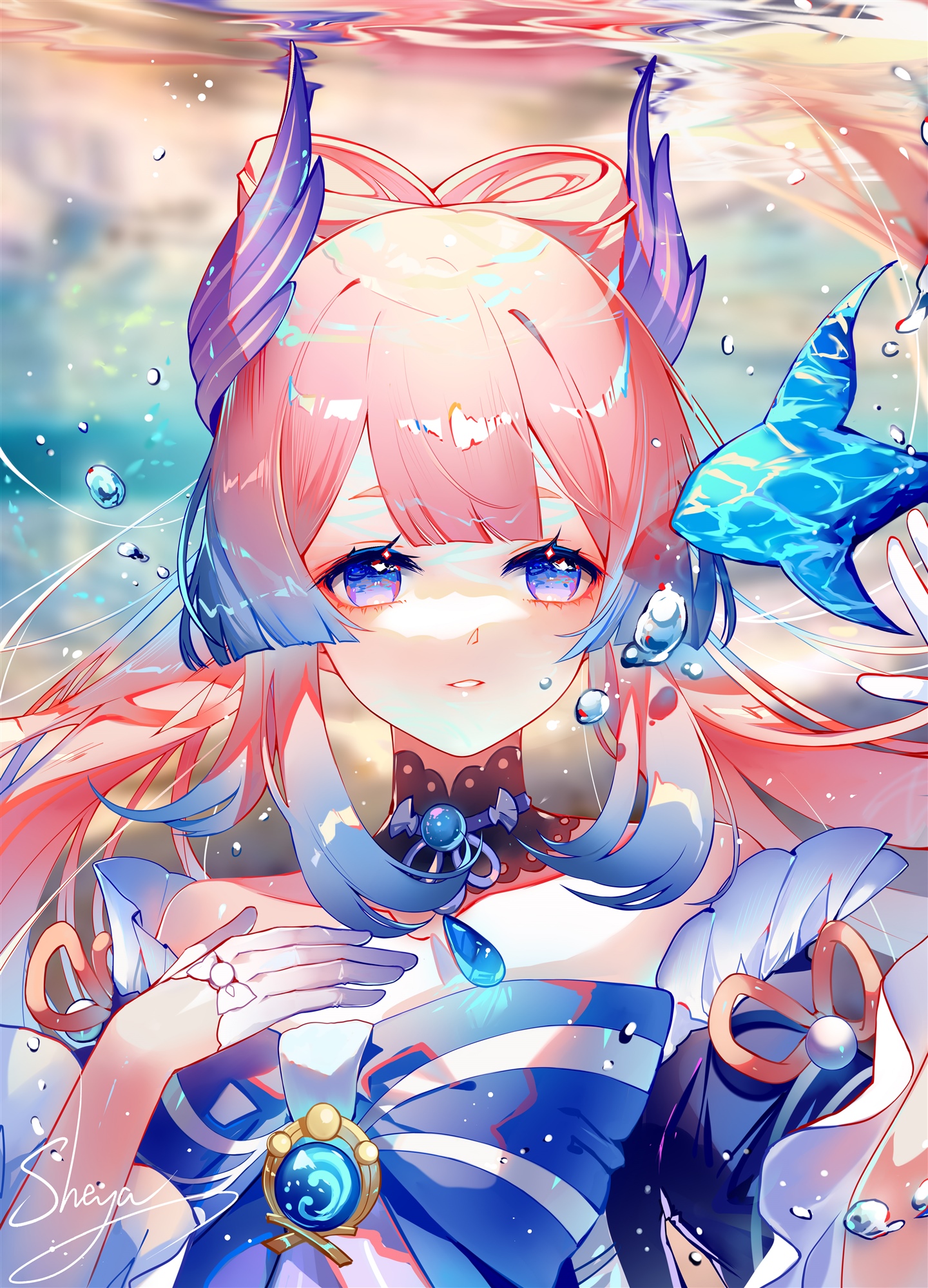 Sangonomiya Kokomi from Genshin Impact underwater with a fish HD Phone Wallpaper