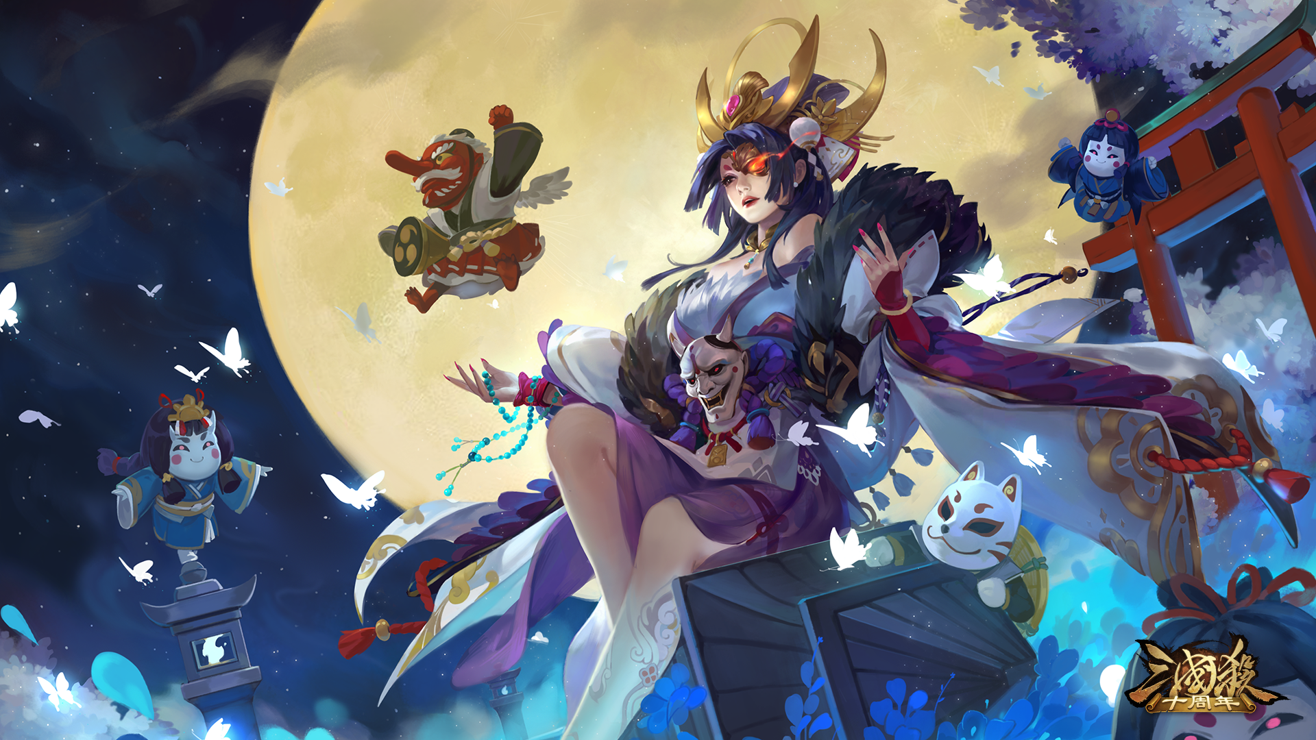 Women with masks and butterflies under the moon HD Wallpaper