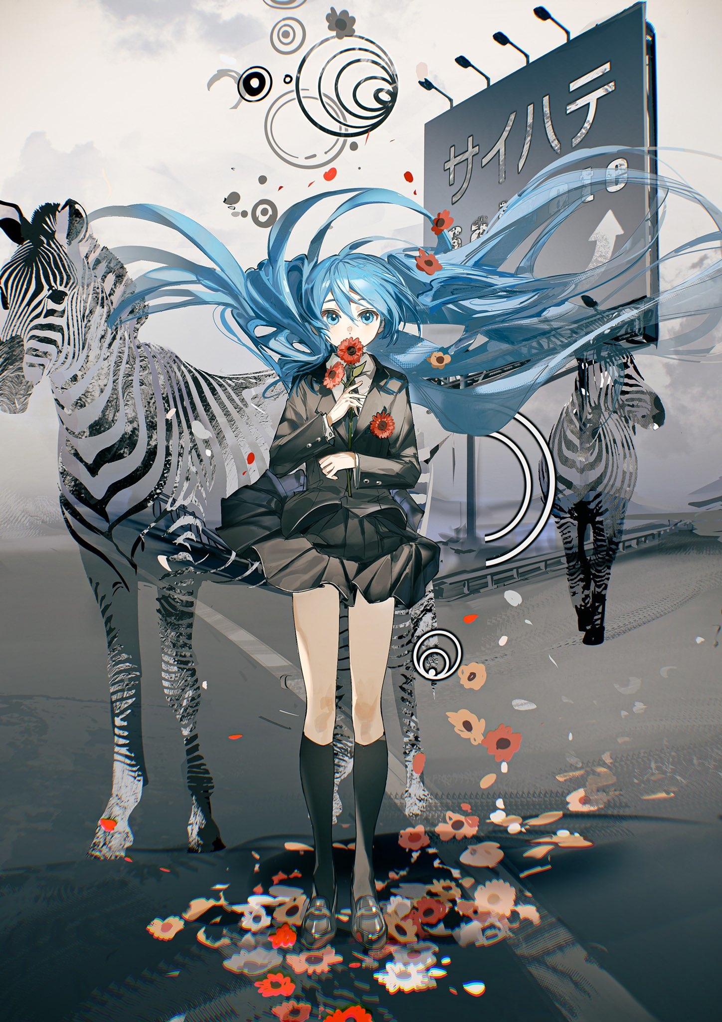 Hatsune Miku with Zebras and Flowers HD Phone Wallpaper