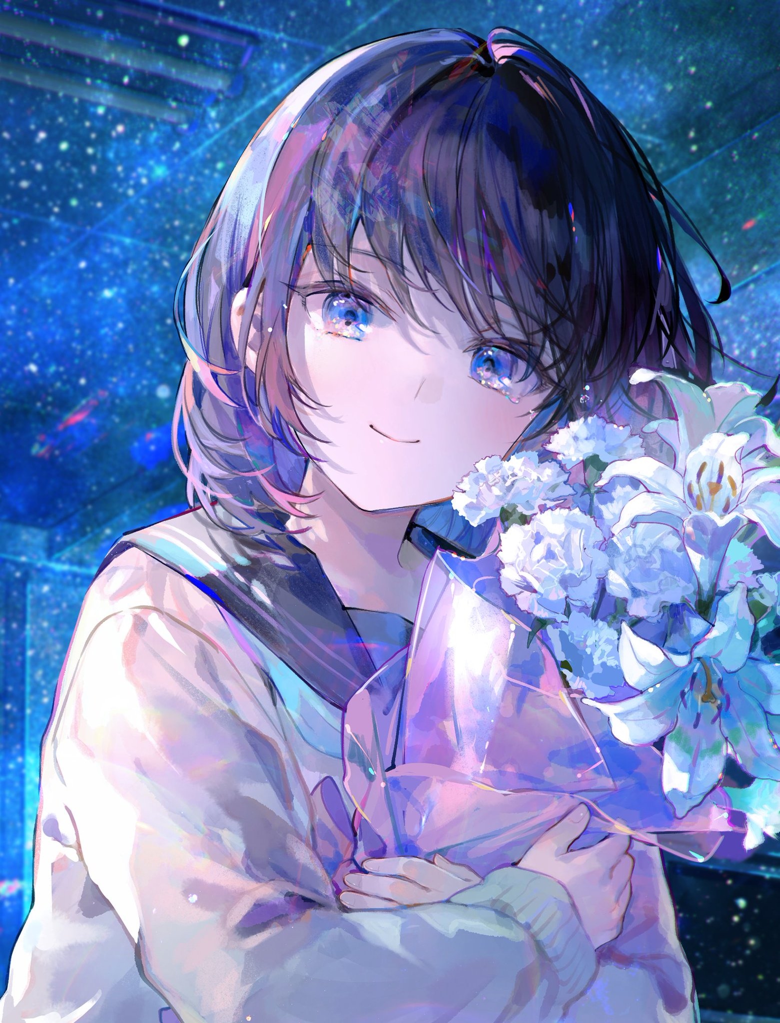 Anime girl in school uniform holding flowers under starry sky HD Phone Wallpaper