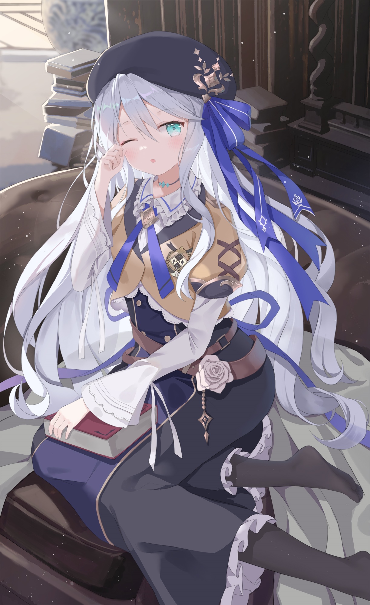 Anime girl with white hair and blue eyes wearing a beret HD Phone Wallpaper