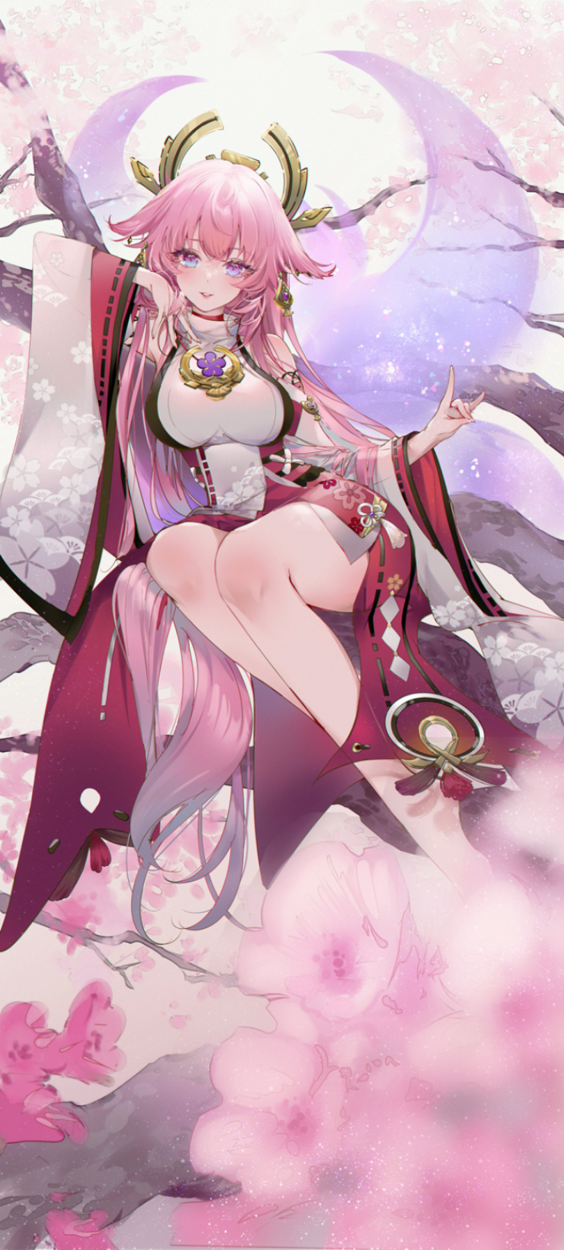 Yae Miko sitting on a branch with cherry blossoms HD Phone Wallpaper