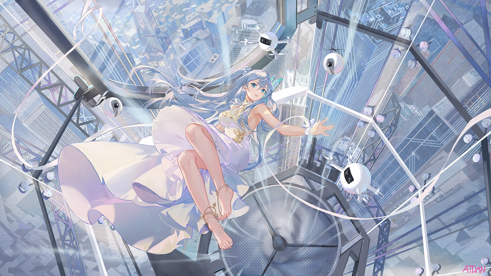 Anime girl with blue hair in a white dress in a futuristic city HD Wallpaper