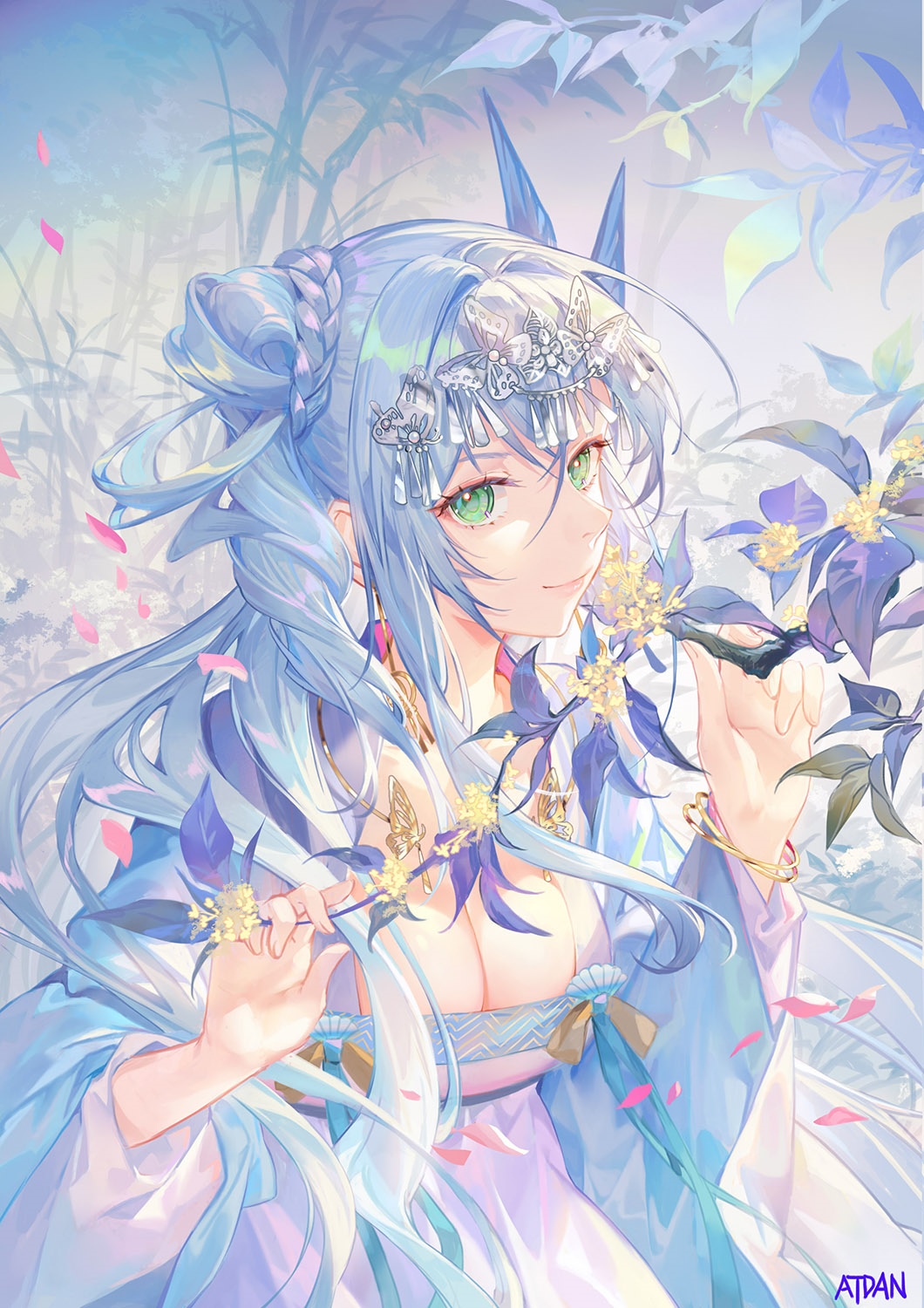 Atdan's illustration of a woman with blue hair and green eyes HD Phone Wallpaper
