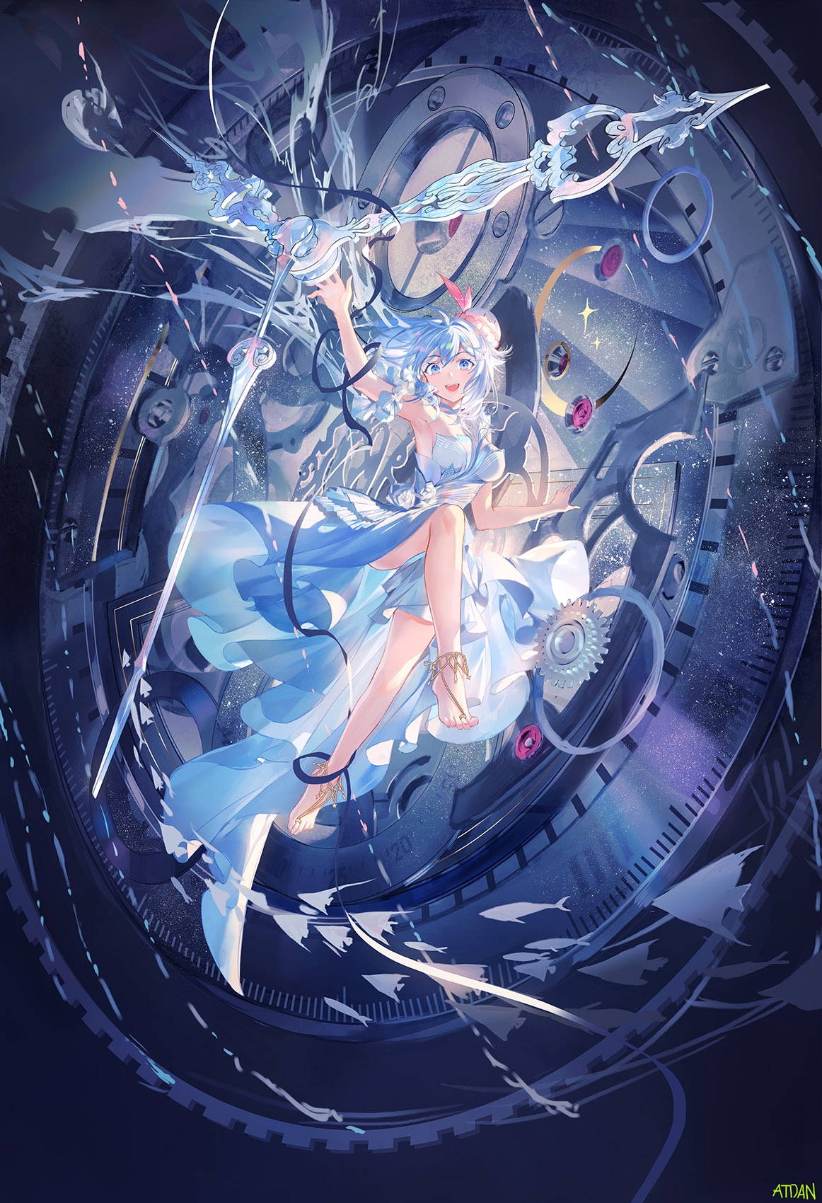 Girl with blue hair and clockwork background HD Phone Wallpaper