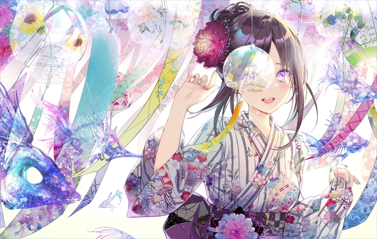 Girl in Kimono with Fish and Flowers HD Wallpaper