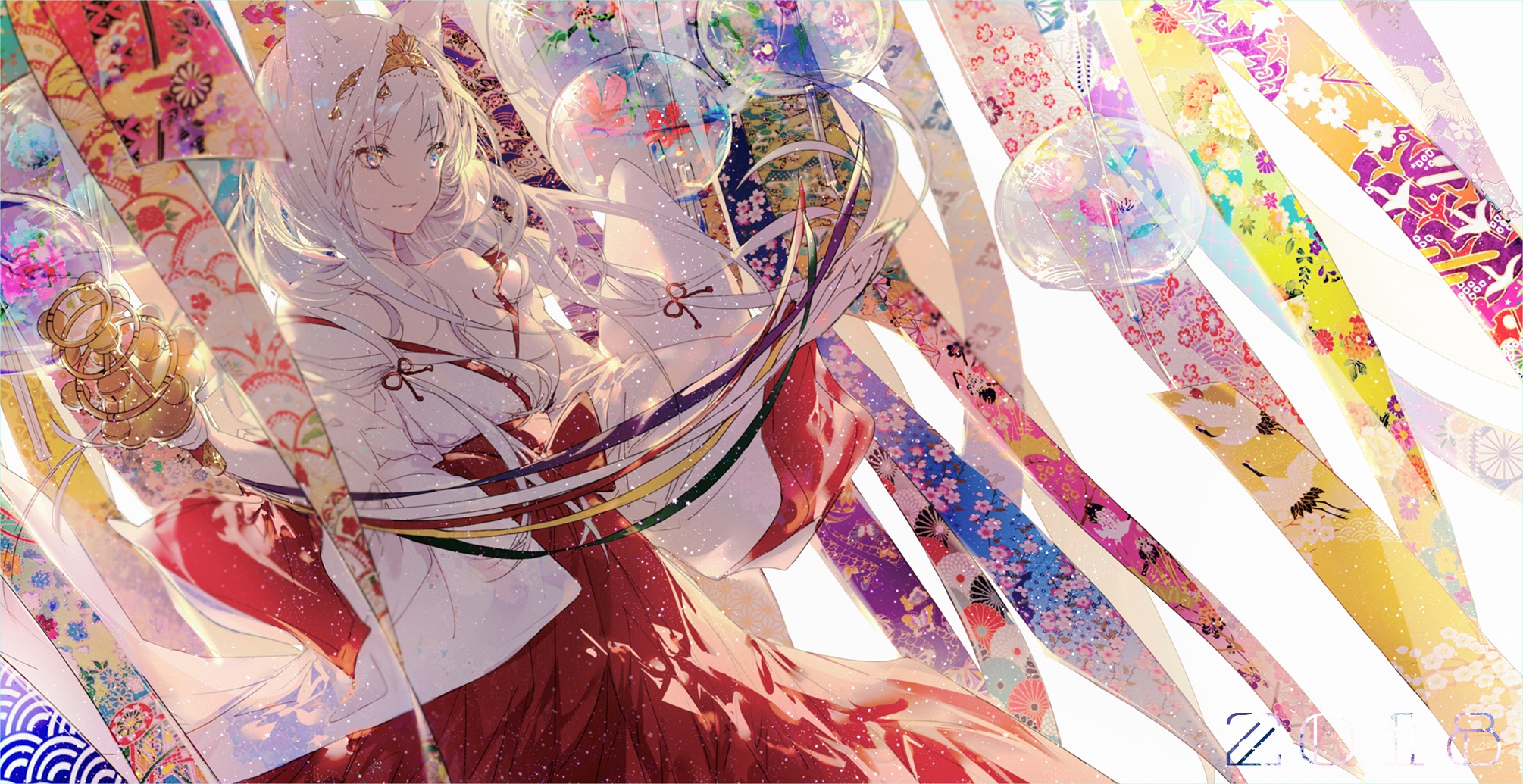 Fox girl in kimono with colorful streamers 2018 HD Wallpaper